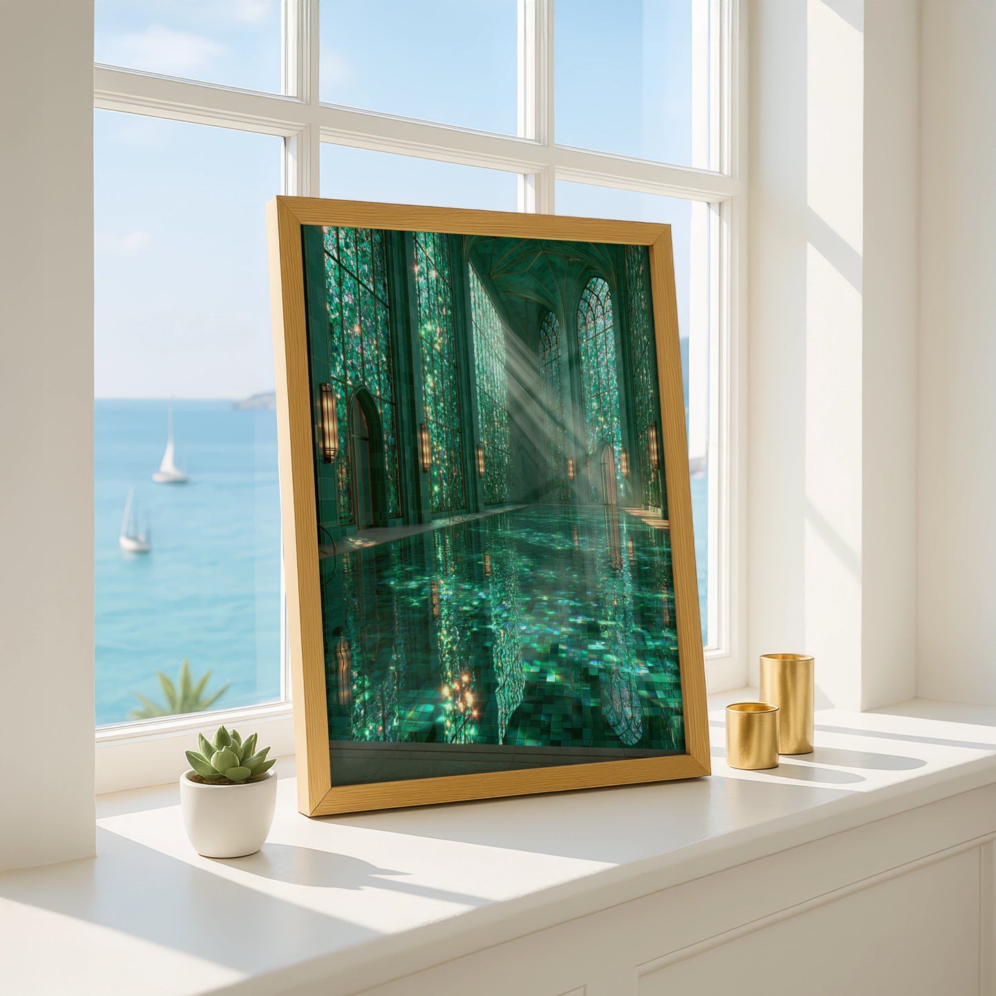 Emerald Bath Pool Poster, Gothic Stained Glass Interior, Teal Architecture Print