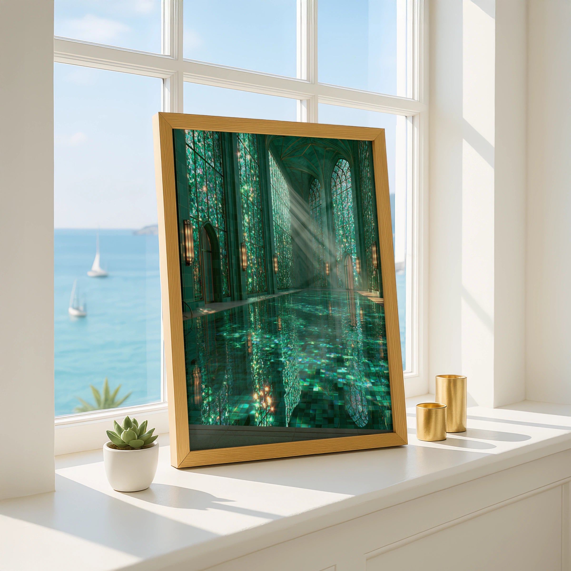 Emerald Bath Pool Poster, Gothic Stained Glass Interior, Teal Architecture Print
