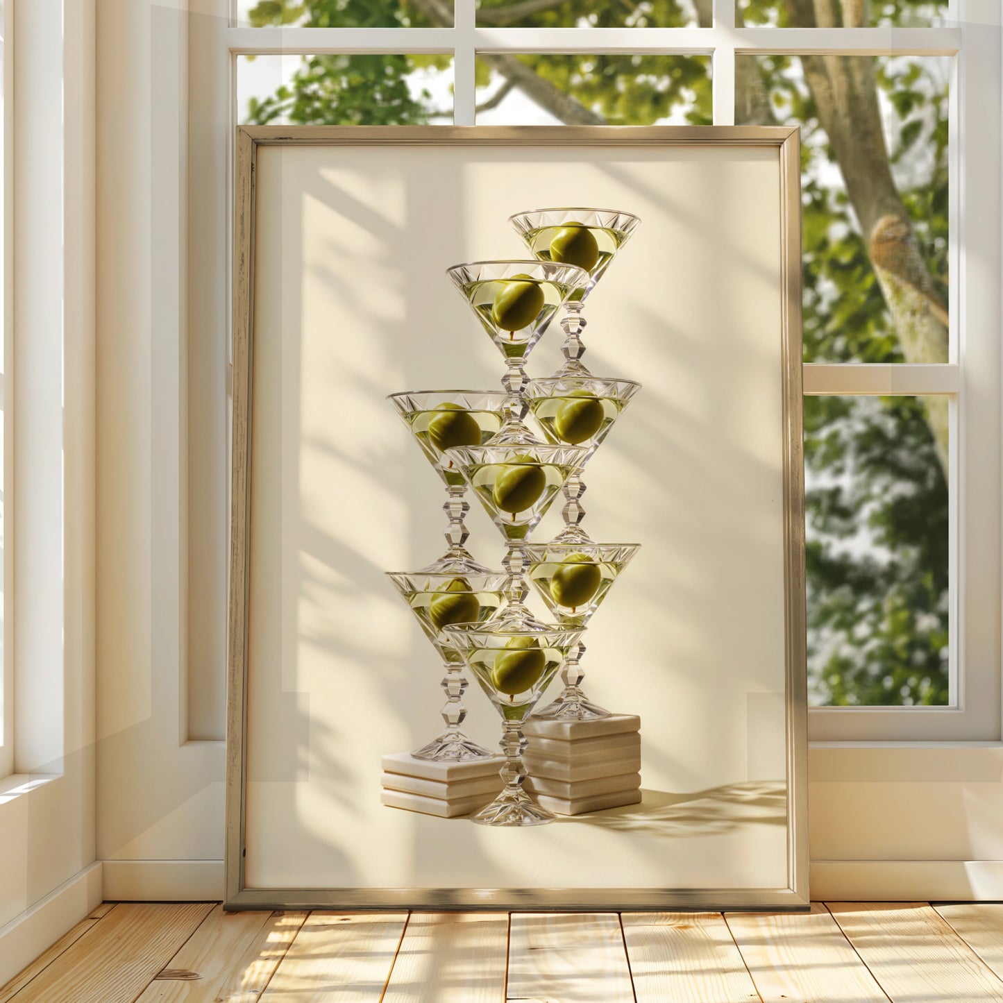 Martini Tower Poster, Stacked Cocktail Glasses Print, Bar Cart Wall Art