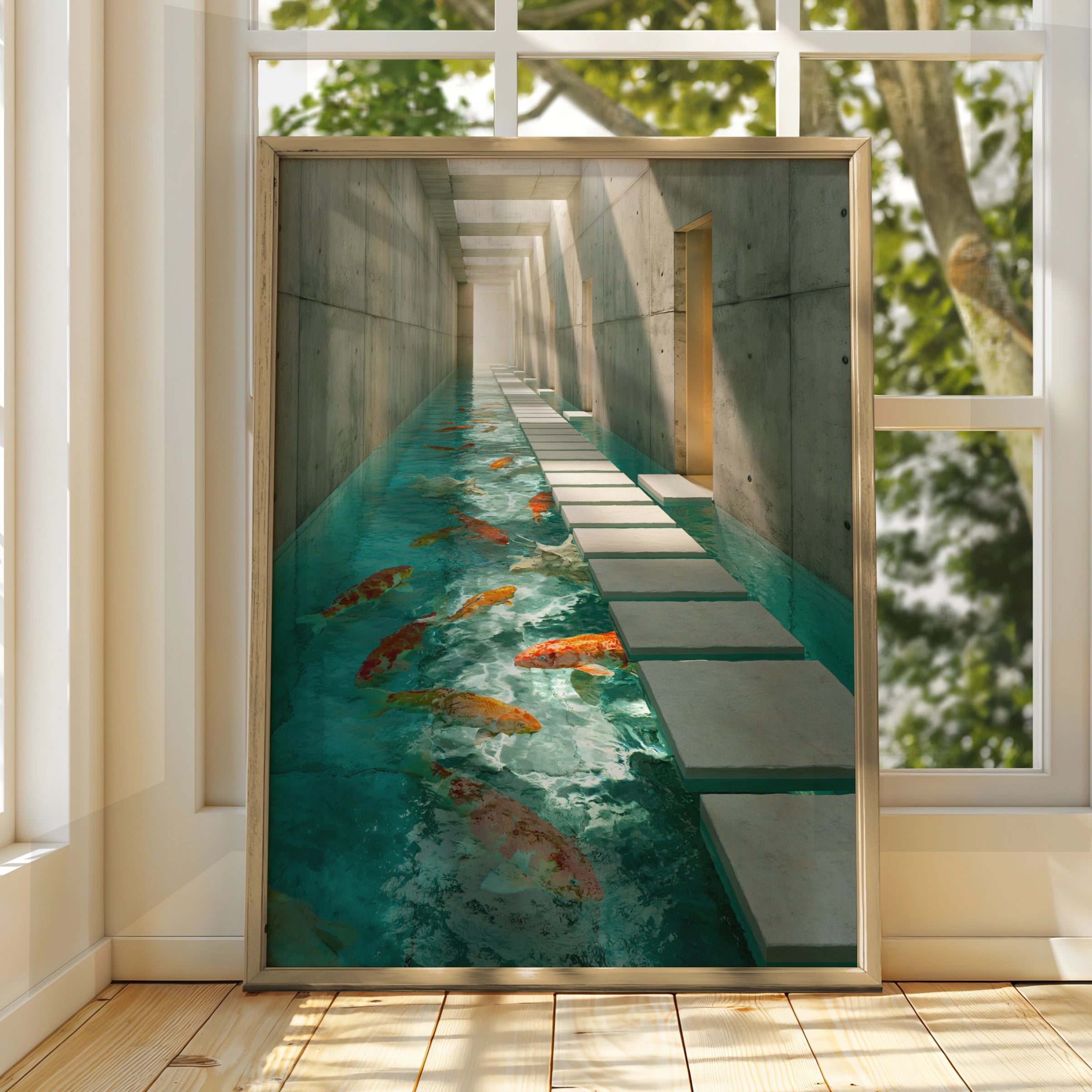 Koi Fish Brutalist Corridor Poster, Japanese Carp Architecture Wall Art