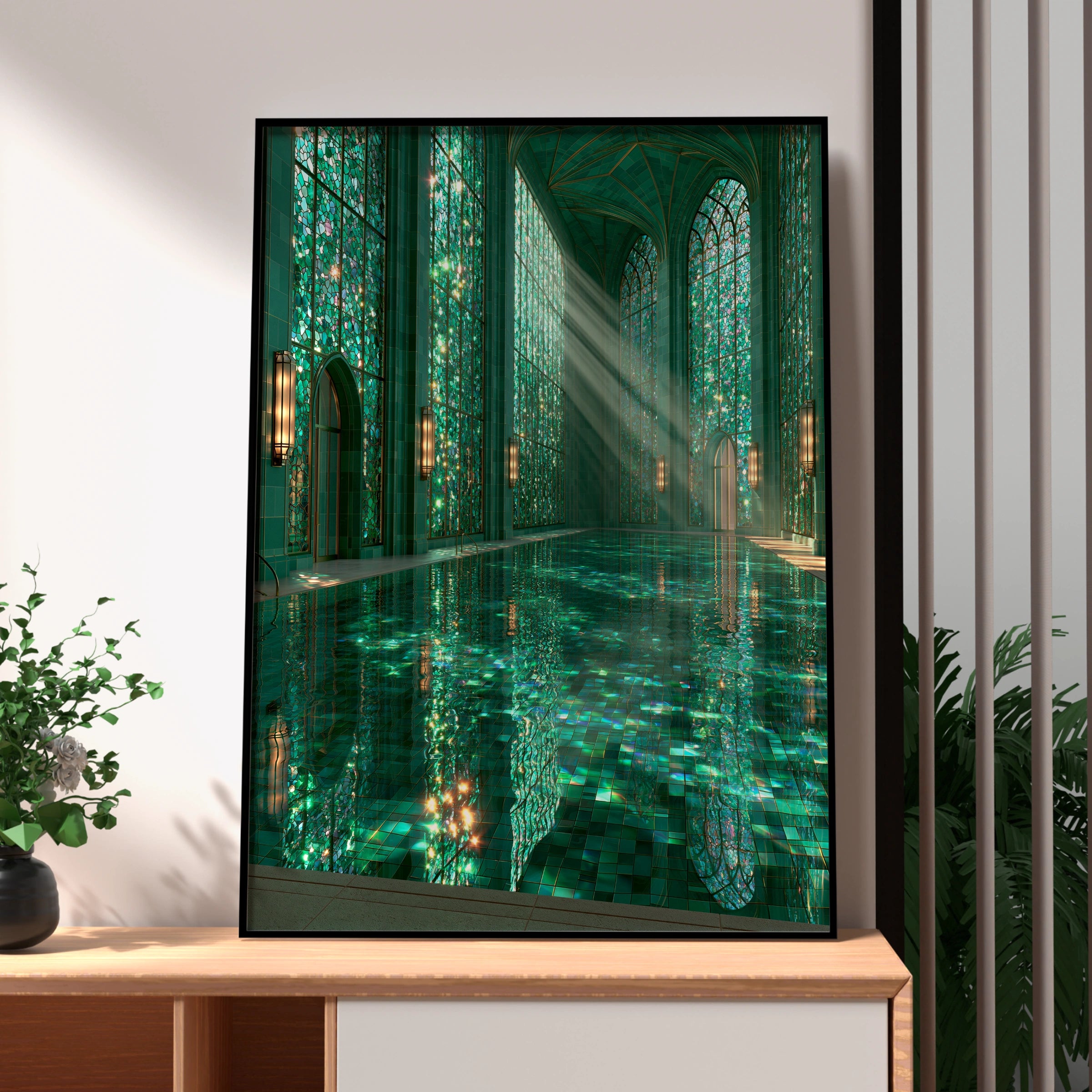 Emerald Bath Pool Poster, Gothic Stained Glass Interior, Teal Architecture Print