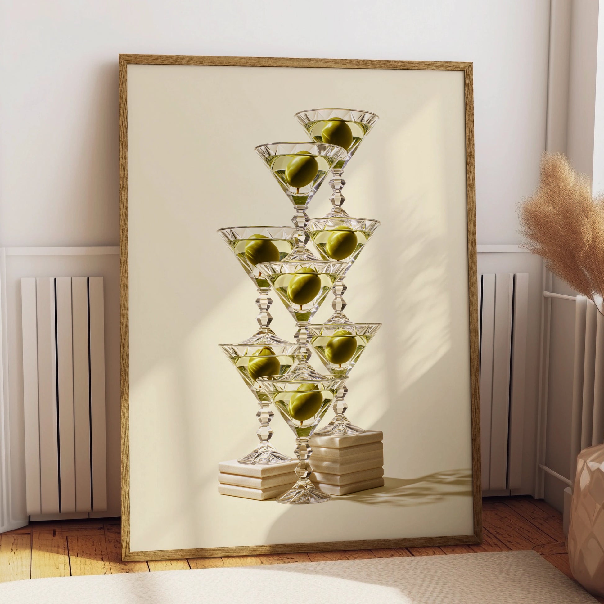Martini Tower Poster, Stacked Cocktail Glasses Print, Bar Cart Wall Art