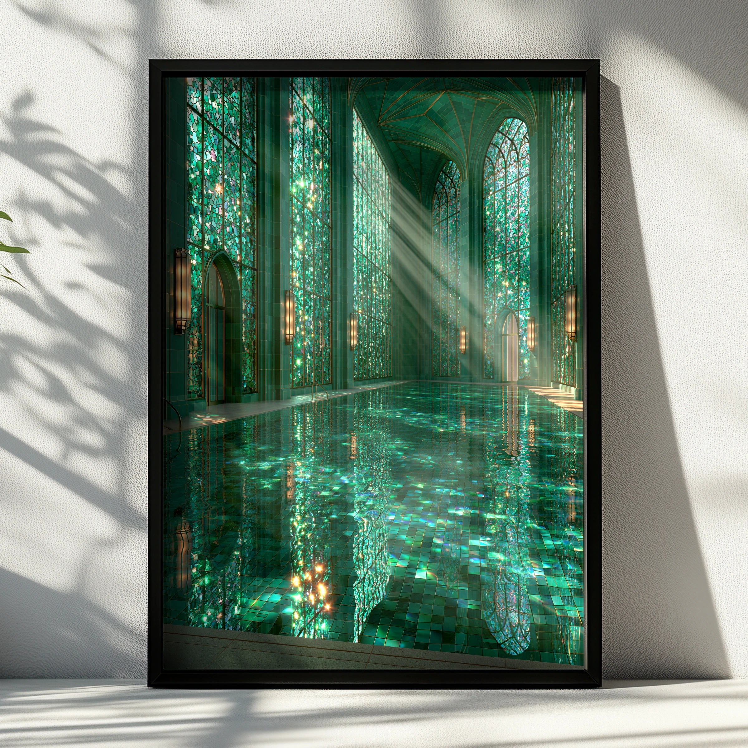 Emerald Bath Pool Poster, Gothic Stained Glass Interior, Teal Architecture Print
