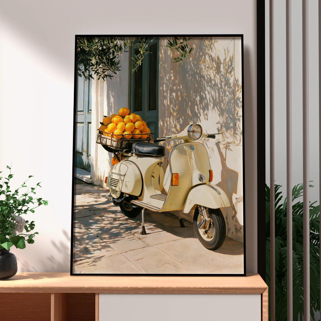 Vespa Oranges Italy Poster, Vintage Scooter Wall Art, Mediterranean Print