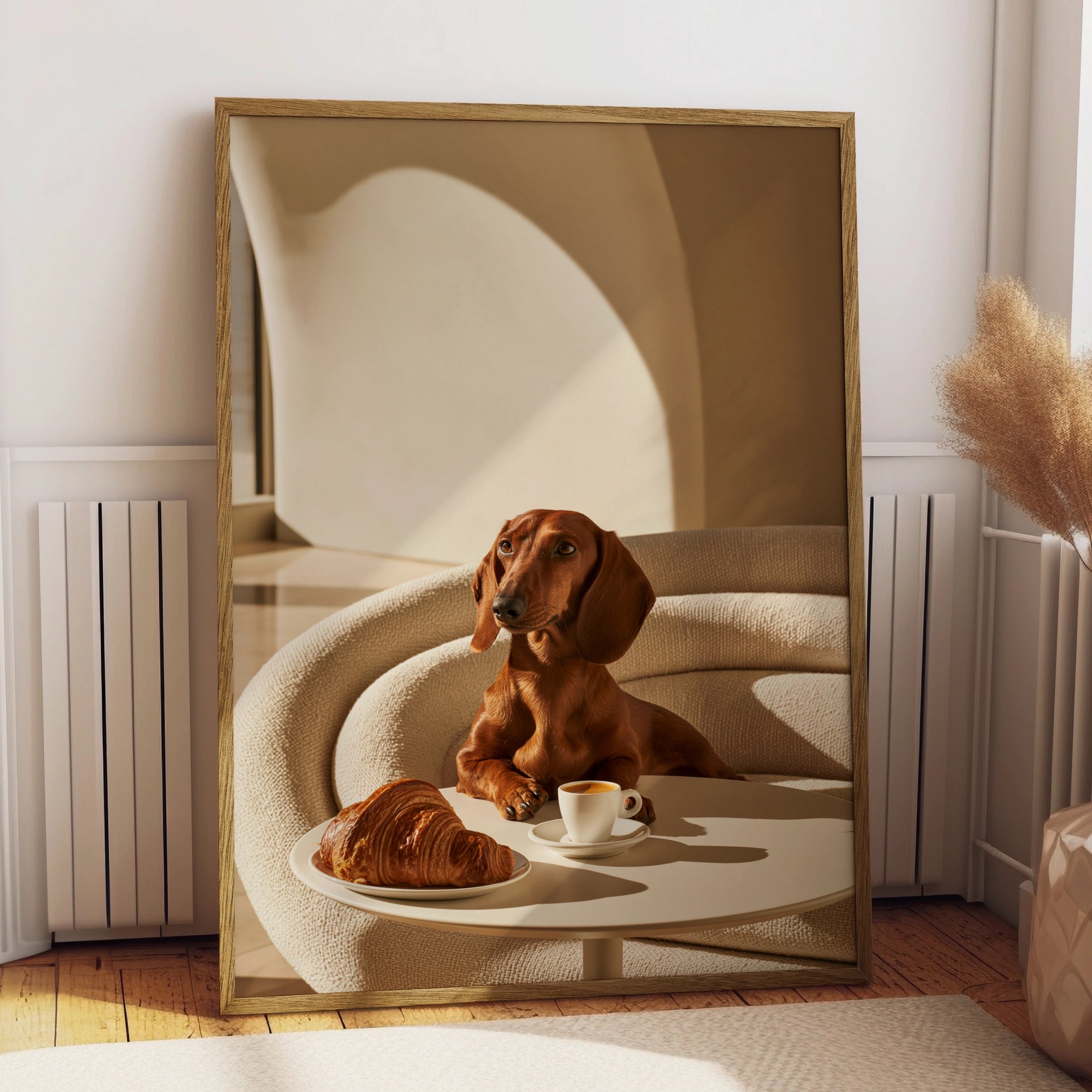 Dachshund Croissant Cafe Wall Art Poster, Sausage Dog Print, Minimalist