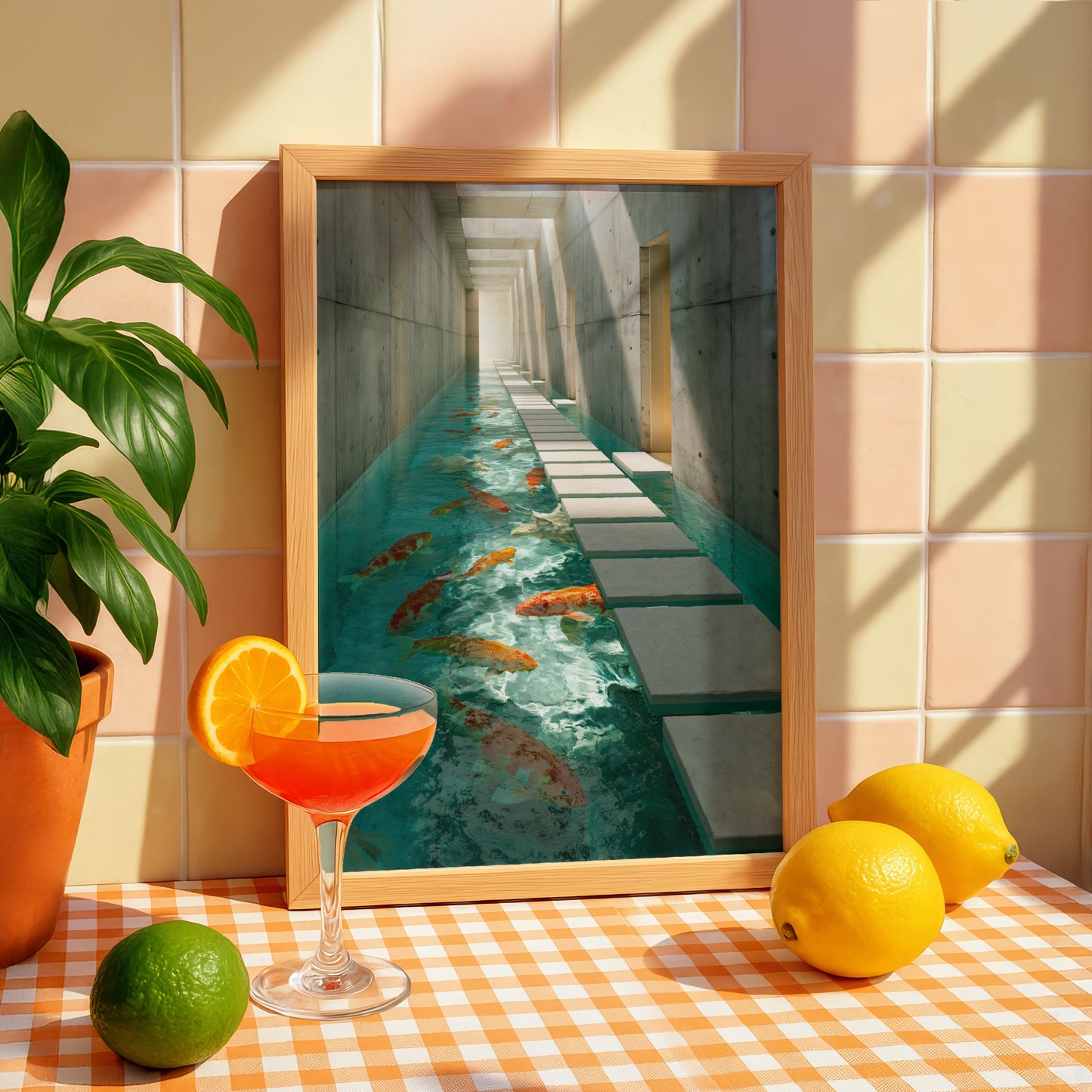 Koi Fish Brutalist Corridor Poster, Japanese Carp Architecture Wall Art