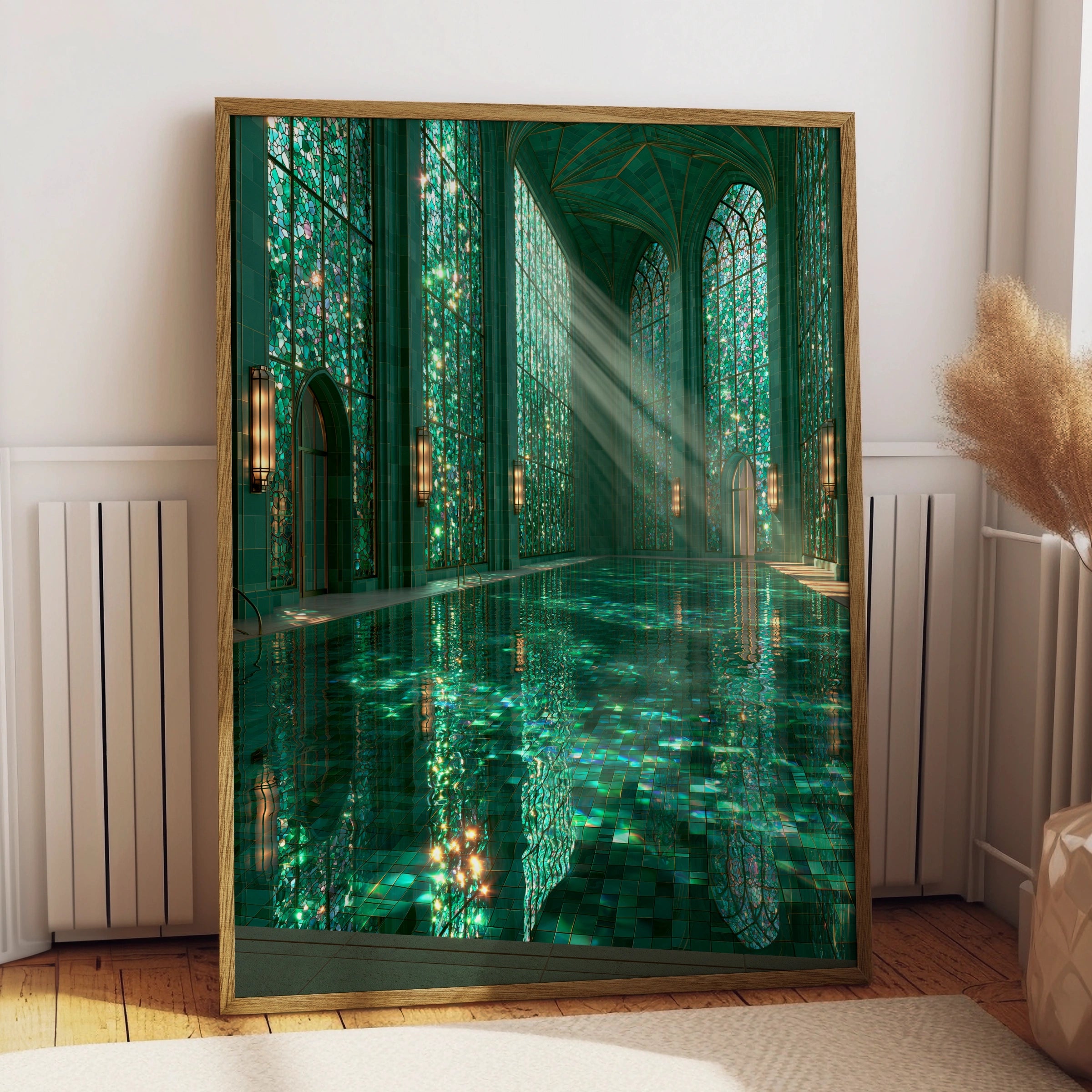 Emerald Bath Pool Poster, Gothic Stained Glass Interior, Teal Architecture Print