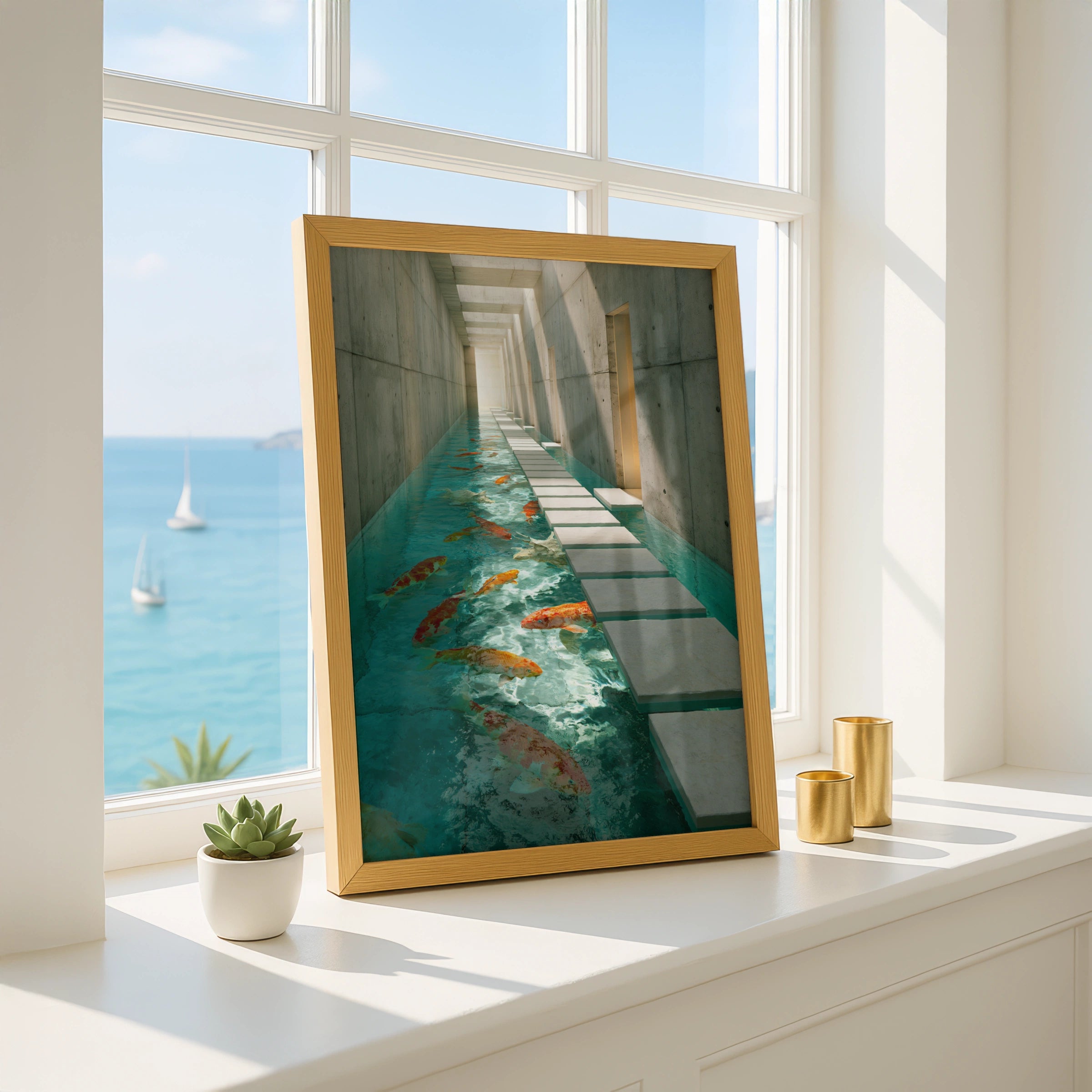 Koi Fish Brutalist Corridor Poster, Japanese Carp Architecture Wall Art
