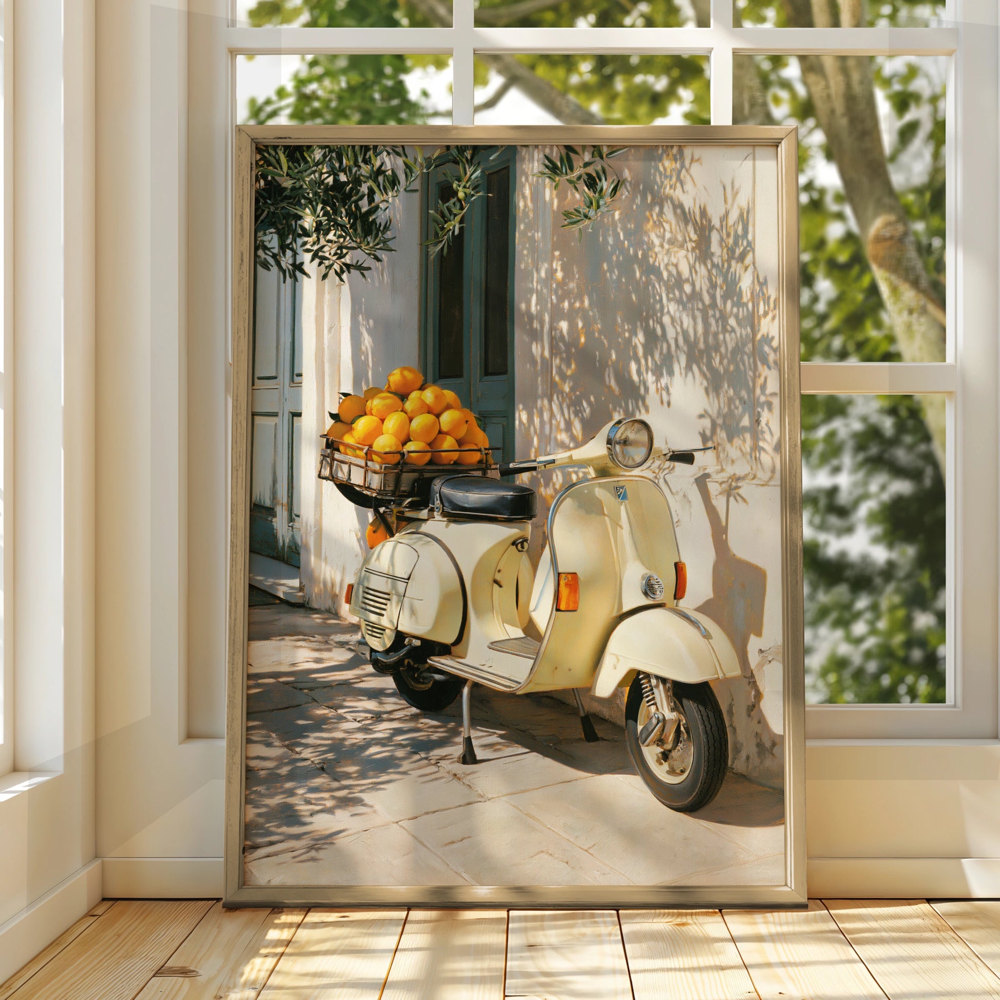 Vespa Oranges Italy Poster, Vintage Scooter Wall Art, Mediterranean Print
