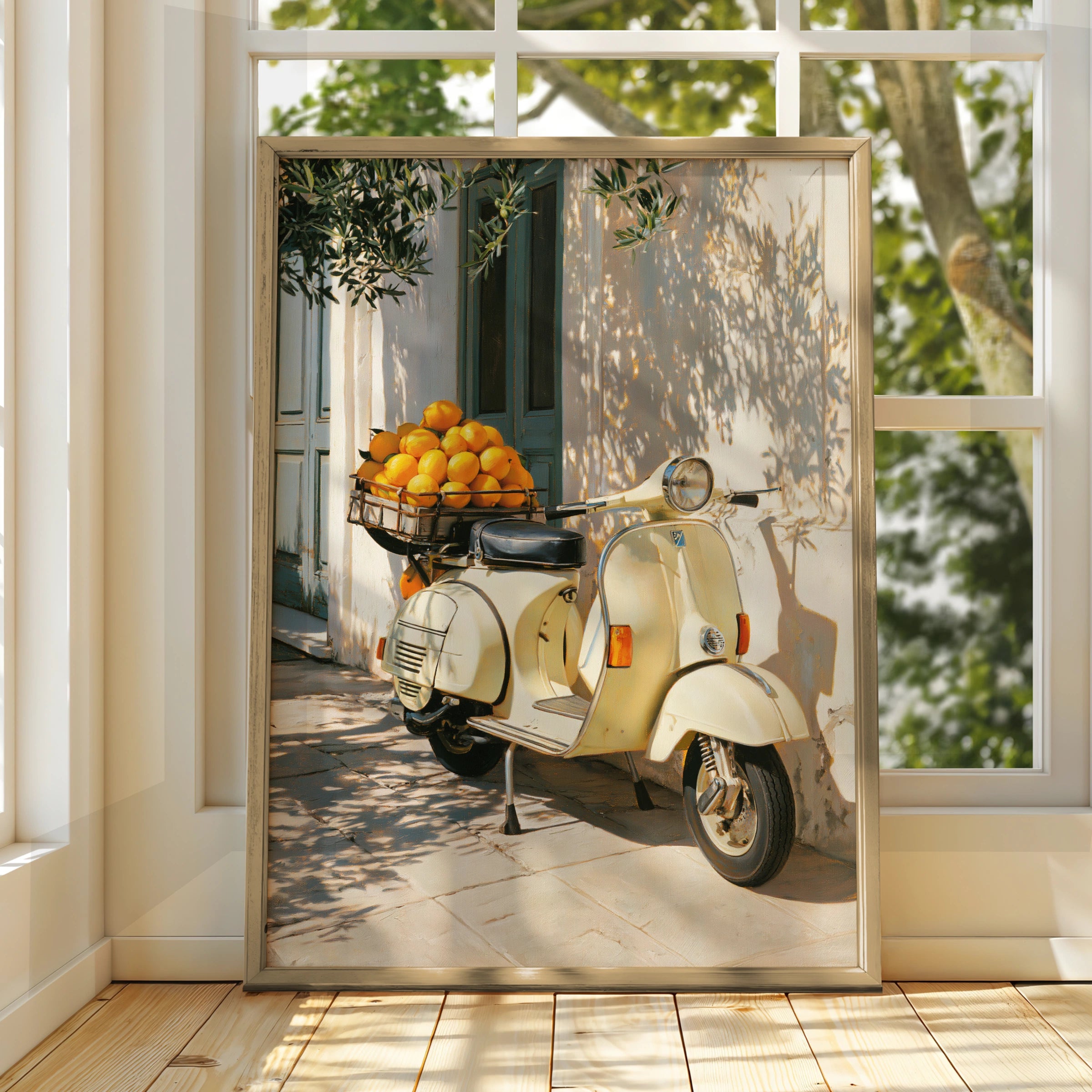 Vespa Oranges Italy Poster, Vintage Scooter Wall Art, Mediterranean Print