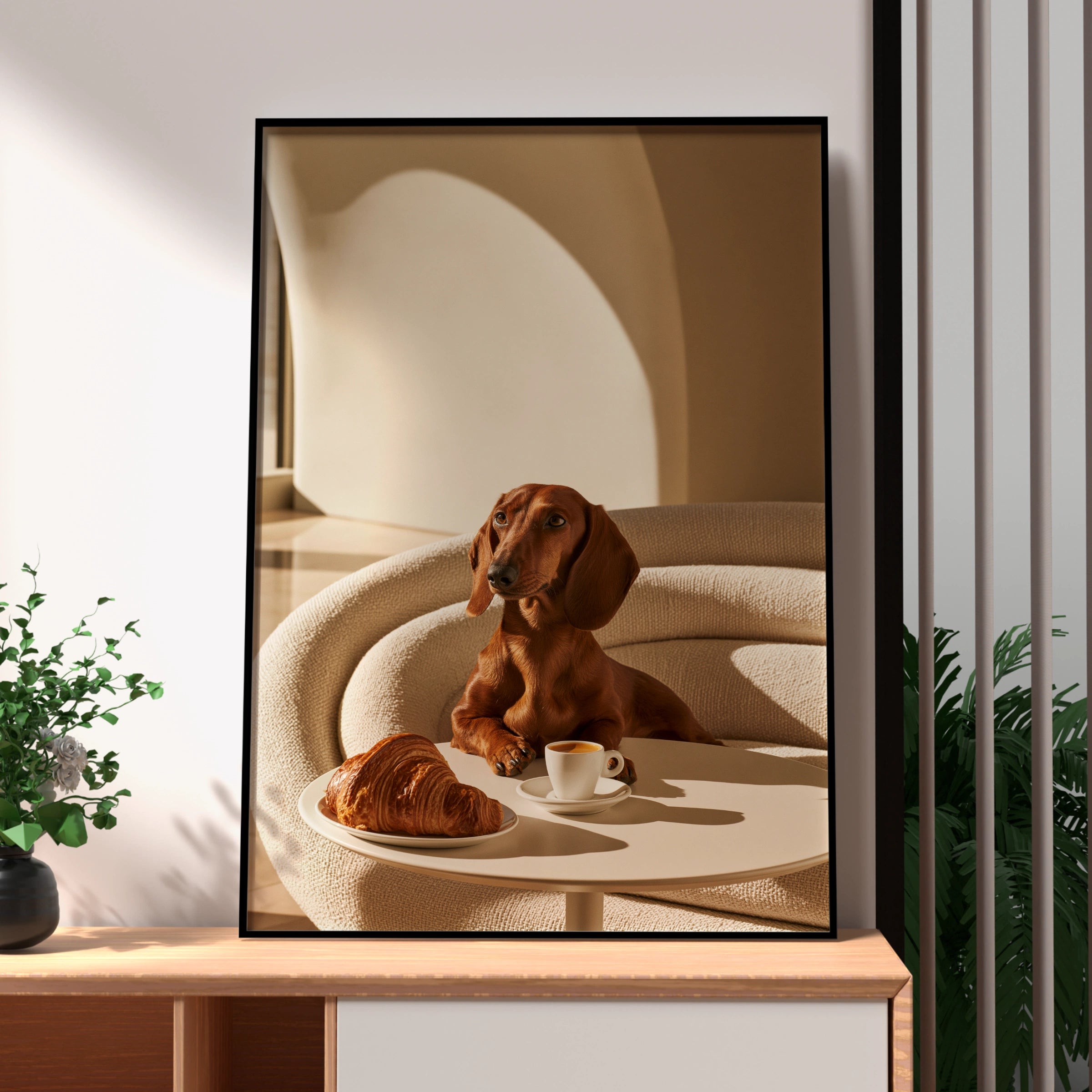 Dachshund Croissant Cafe Wall Art Poster, Sausage Dog Print, Minimalist