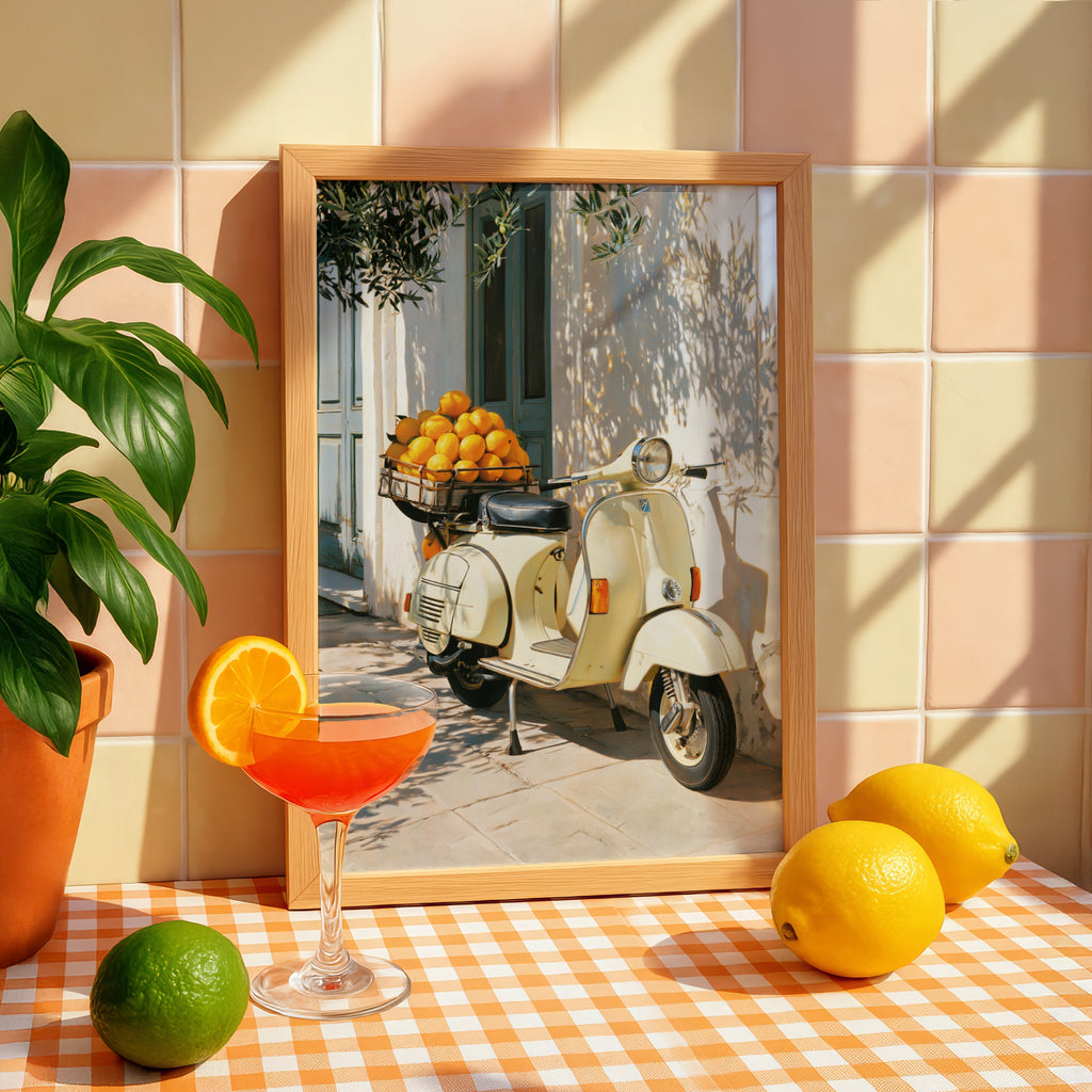 Vespa Oranges Italy Poster, Vintage Scooter Wall Art, Mediterranean Print