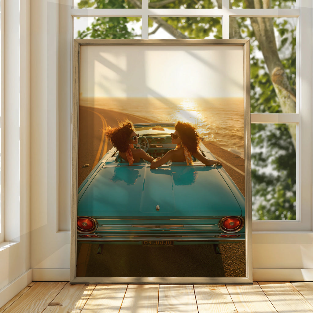 Women in Vintage Car Sunset Coastal Road Trip Poster, Retro Travel Print