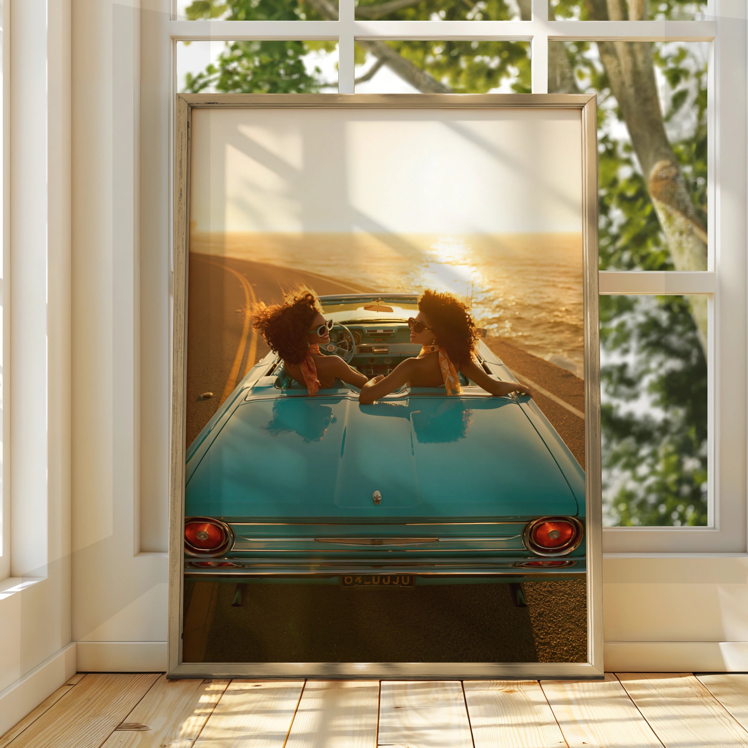 Women in Vintage Car Sunset Coastal Road Trip Poster, Retro Travel Print