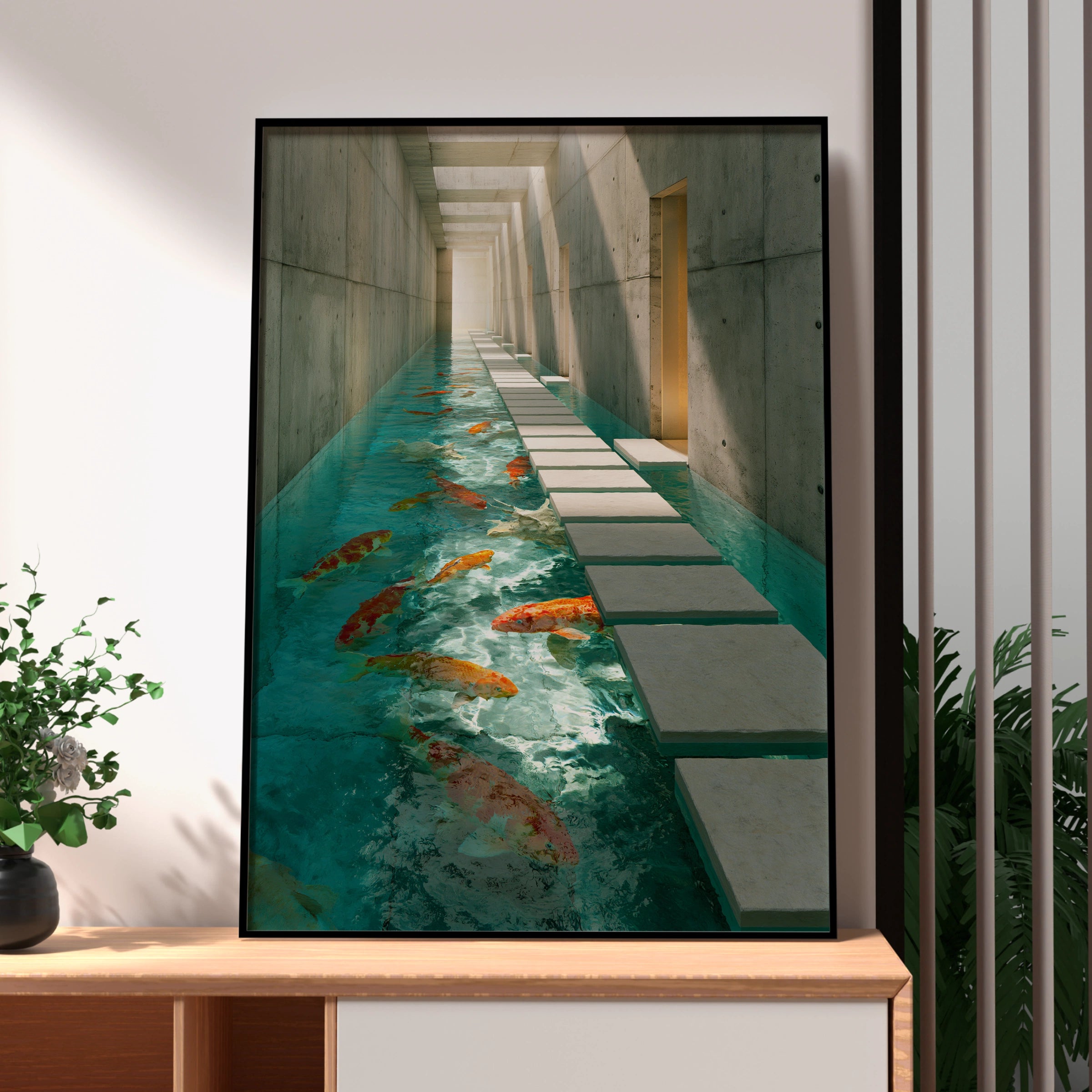 Koi Fish Brutalist Corridor Poster, Japanese Carp Architecture Wall Art