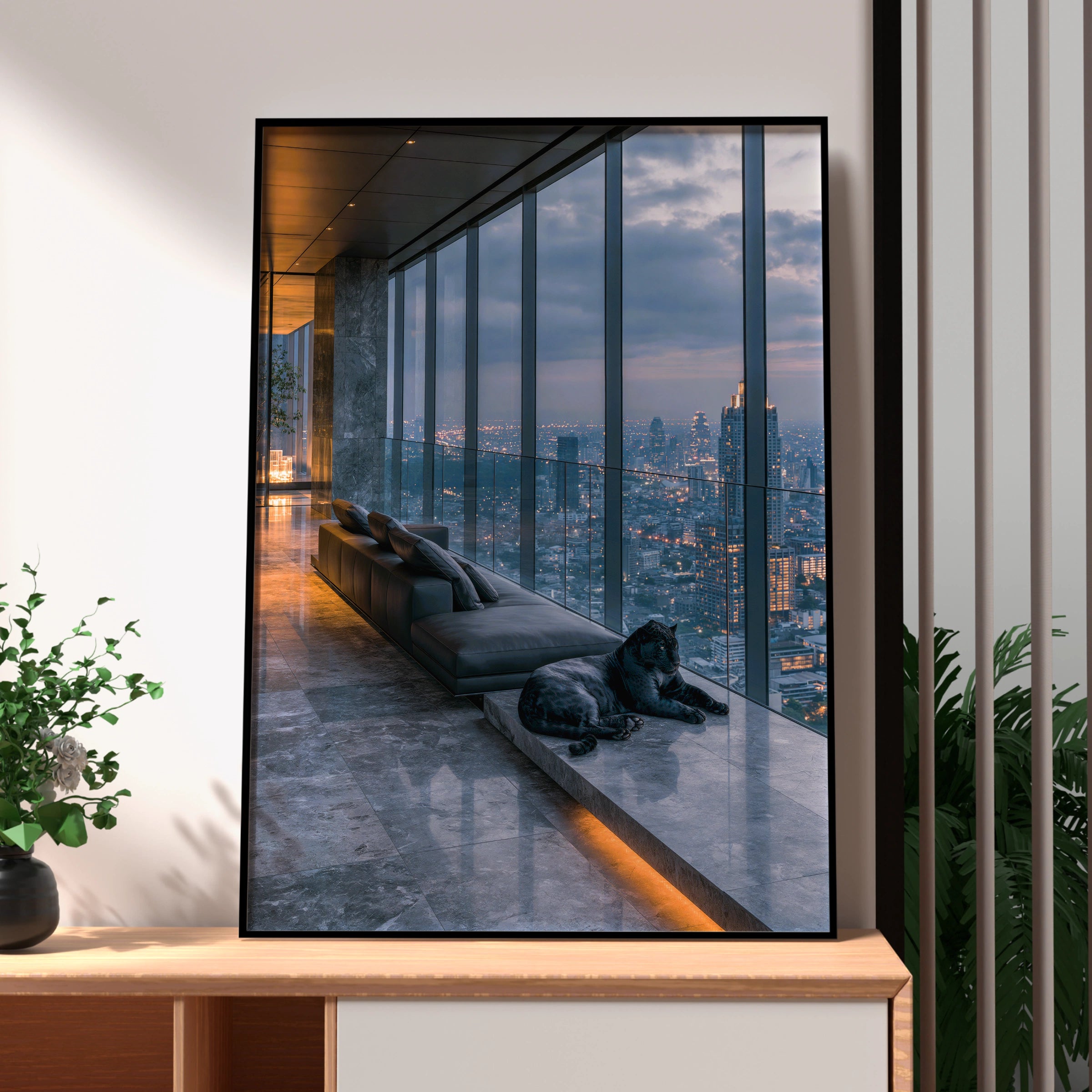 Black Panther Penthouse Skyline Poster, Luxury City Night Art Print