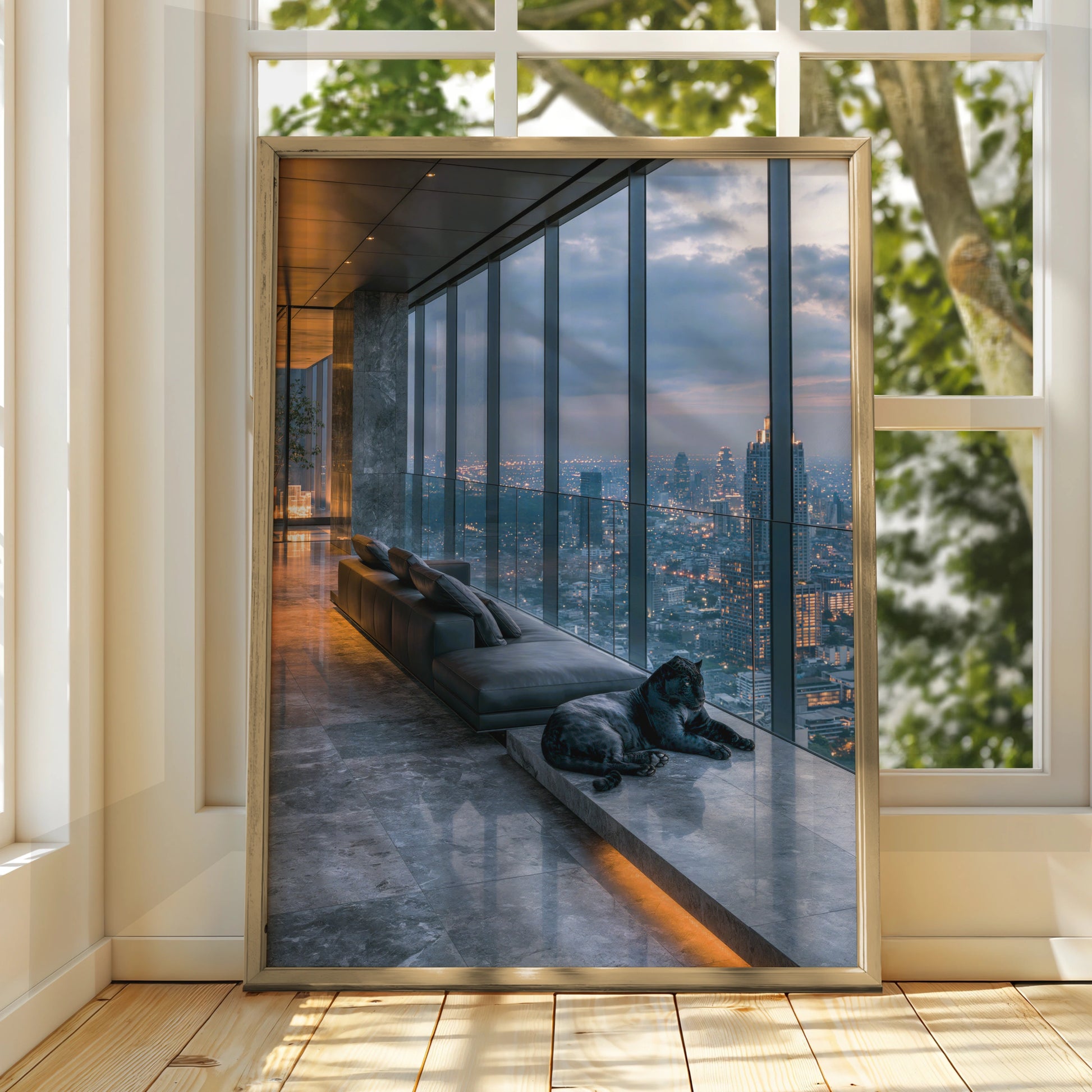 Black Panther Penthouse Skyline Poster, Luxury City Night Art Print