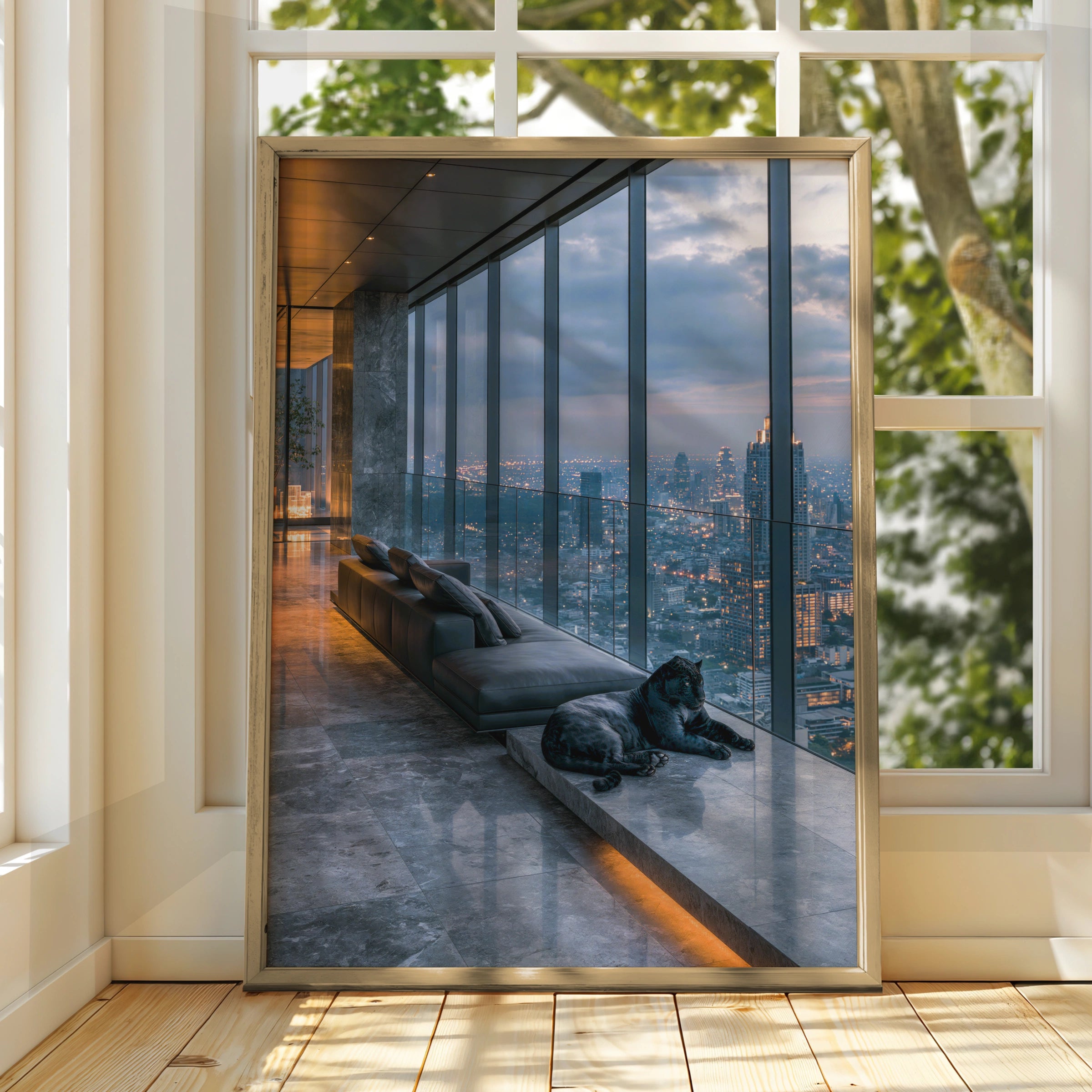 Black Panther Penthouse Skyline Poster, Luxury City Night Art Print