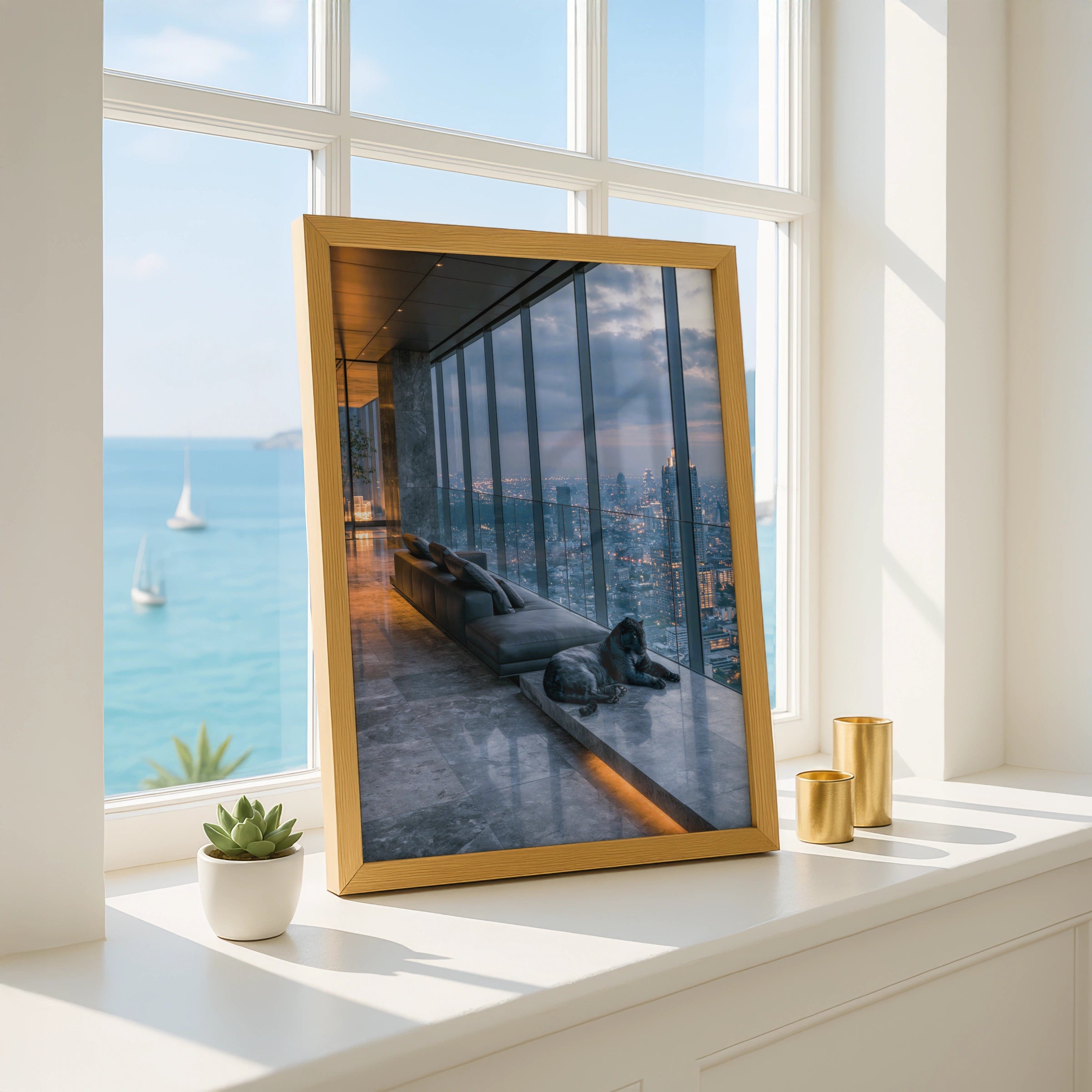 Black Panther Penthouse Skyline Poster, Luxury City Night Art Print