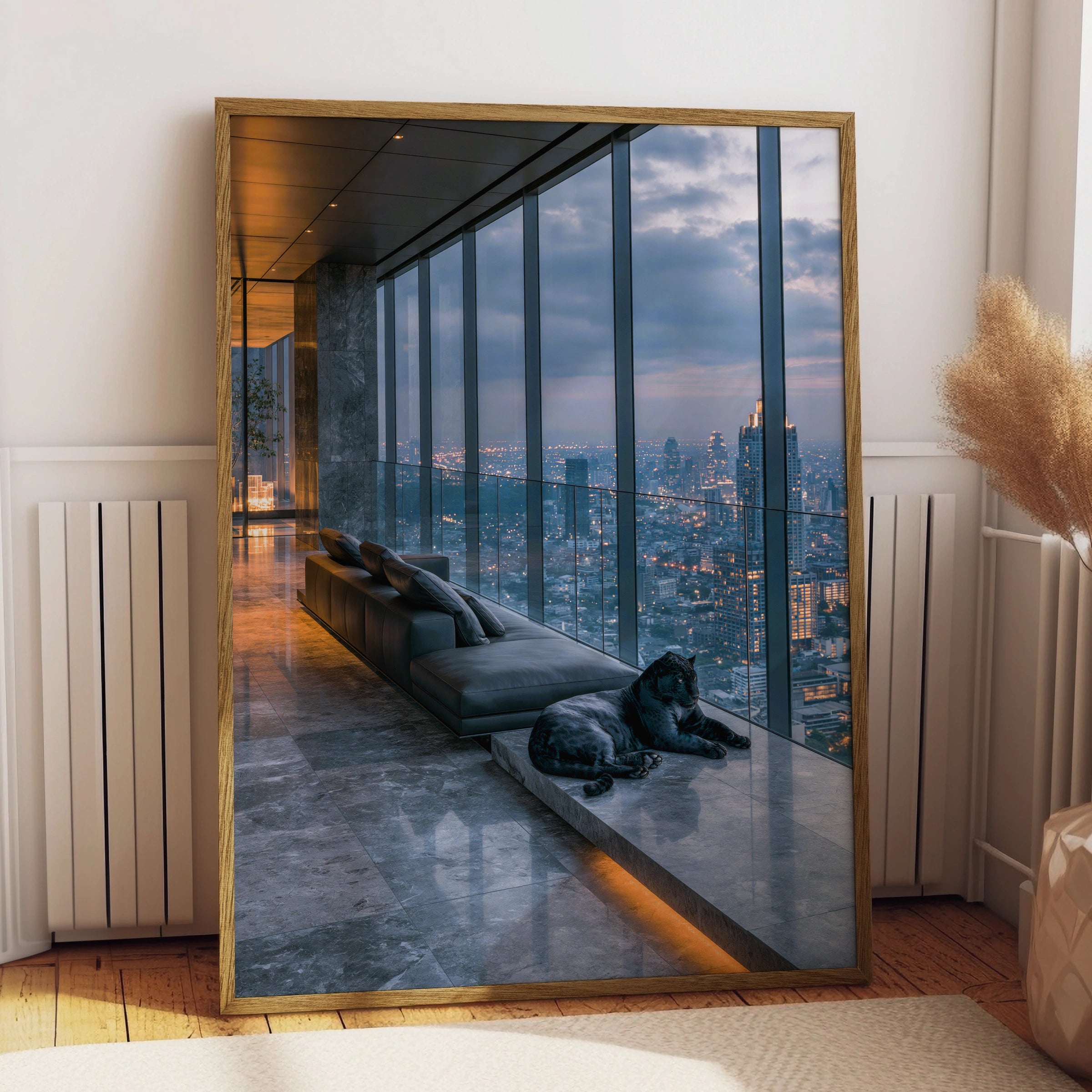 Black Panther Penthouse Skyline Poster, Luxury City Night Art Print