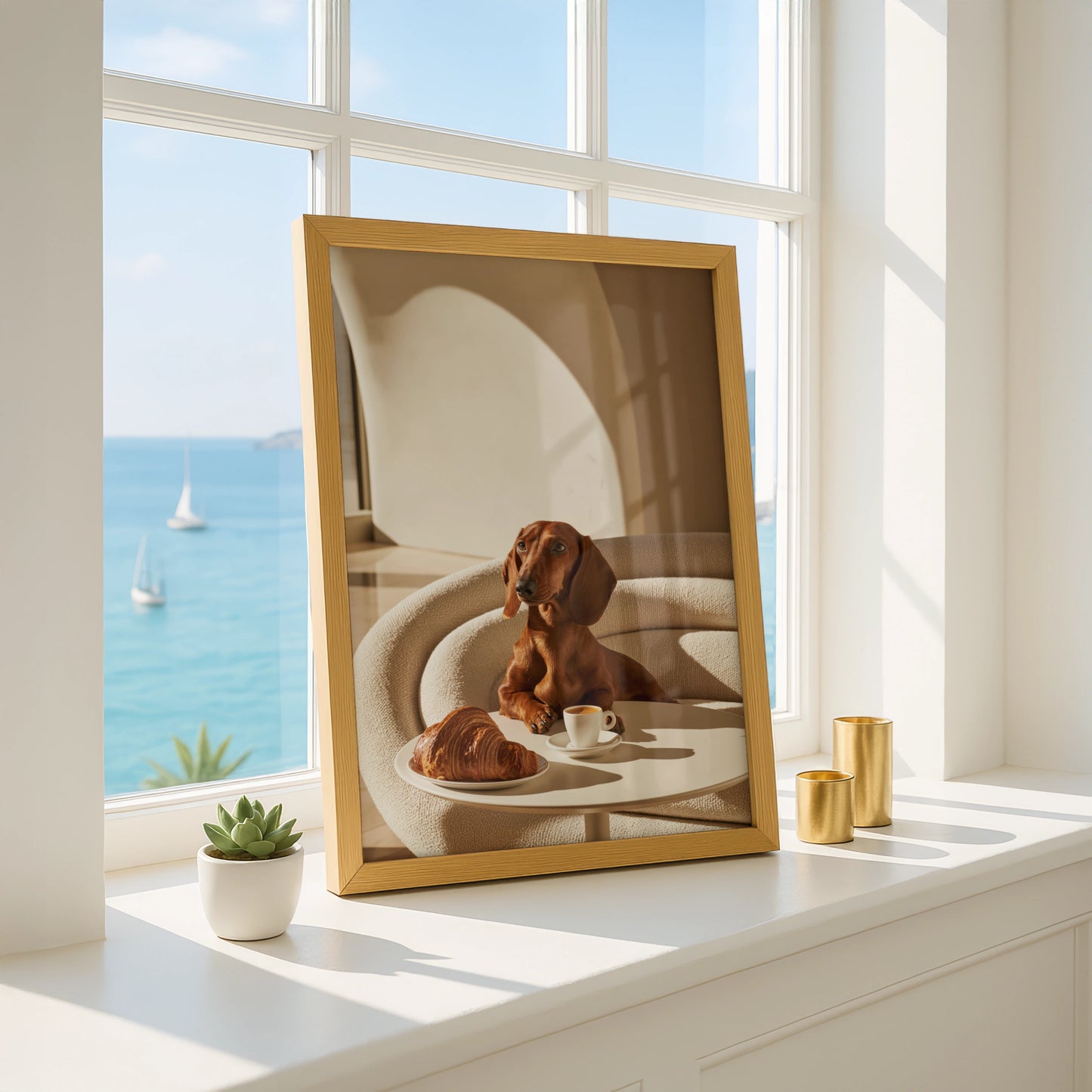 Dachshund Croissant Cafe Wall Art Poster, Sausage Dog Print, Minimalist