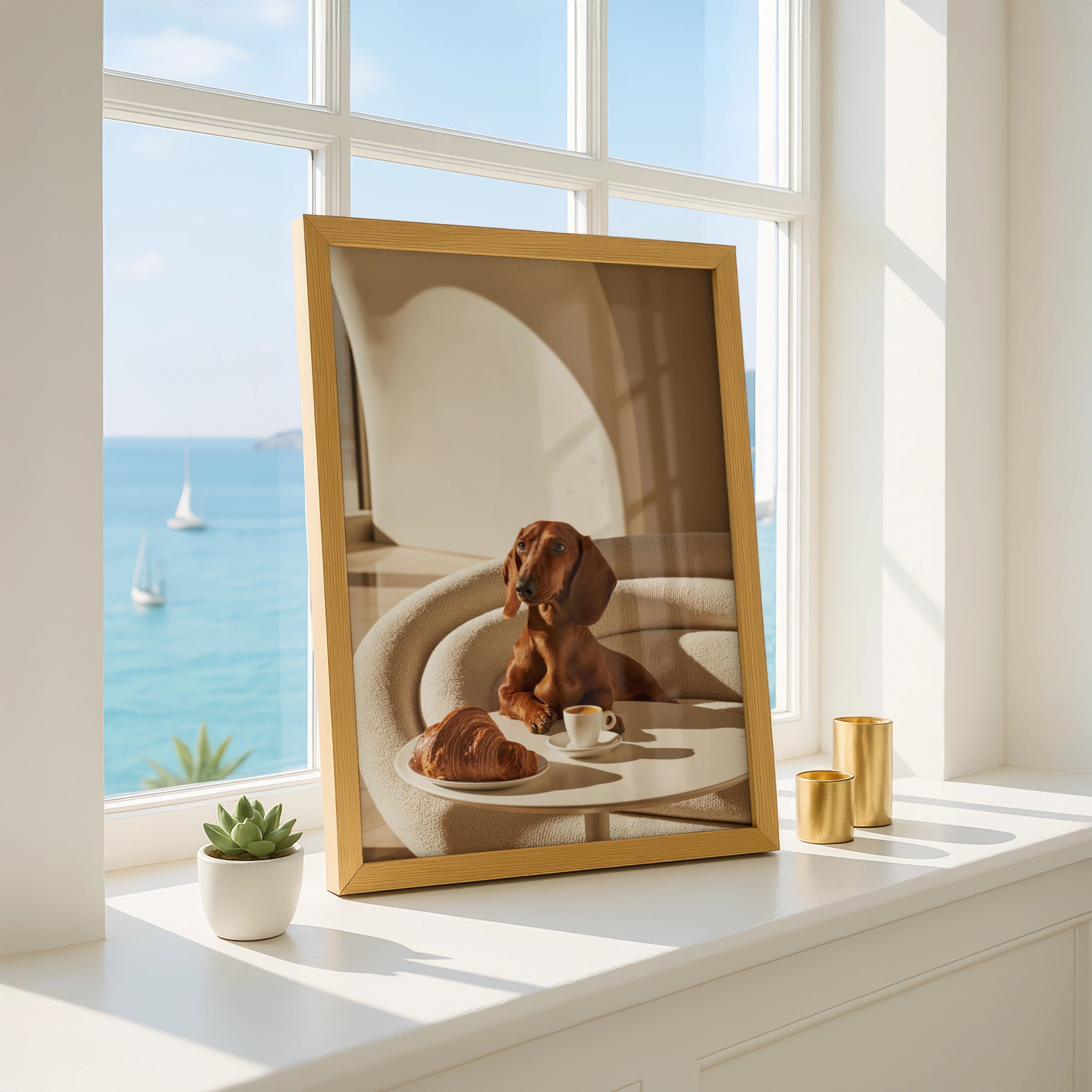 Dachshund Croissant Cafe Wall Art Poster, Sausage Dog Print, Minimalist