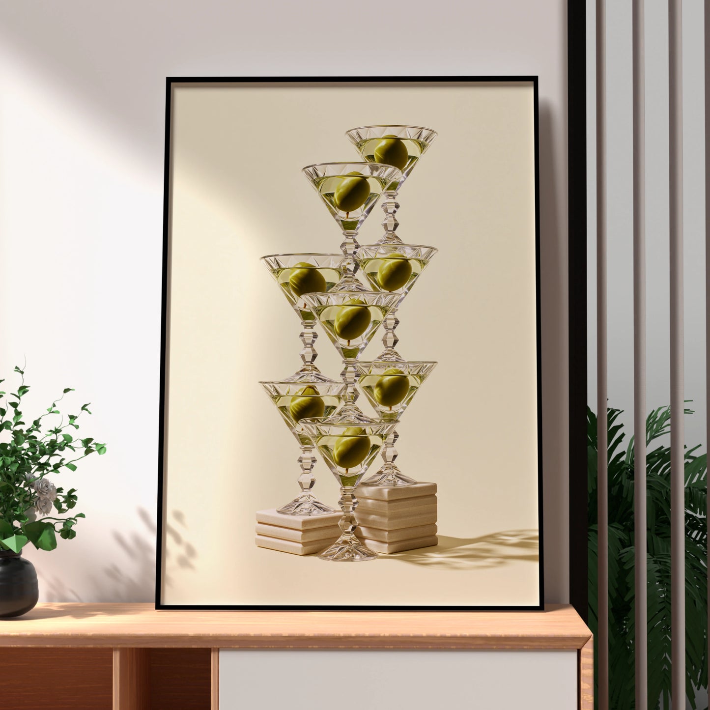 Martini Tower Poster, Stacked Cocktail Glasses Print, Bar Cart Wall Art