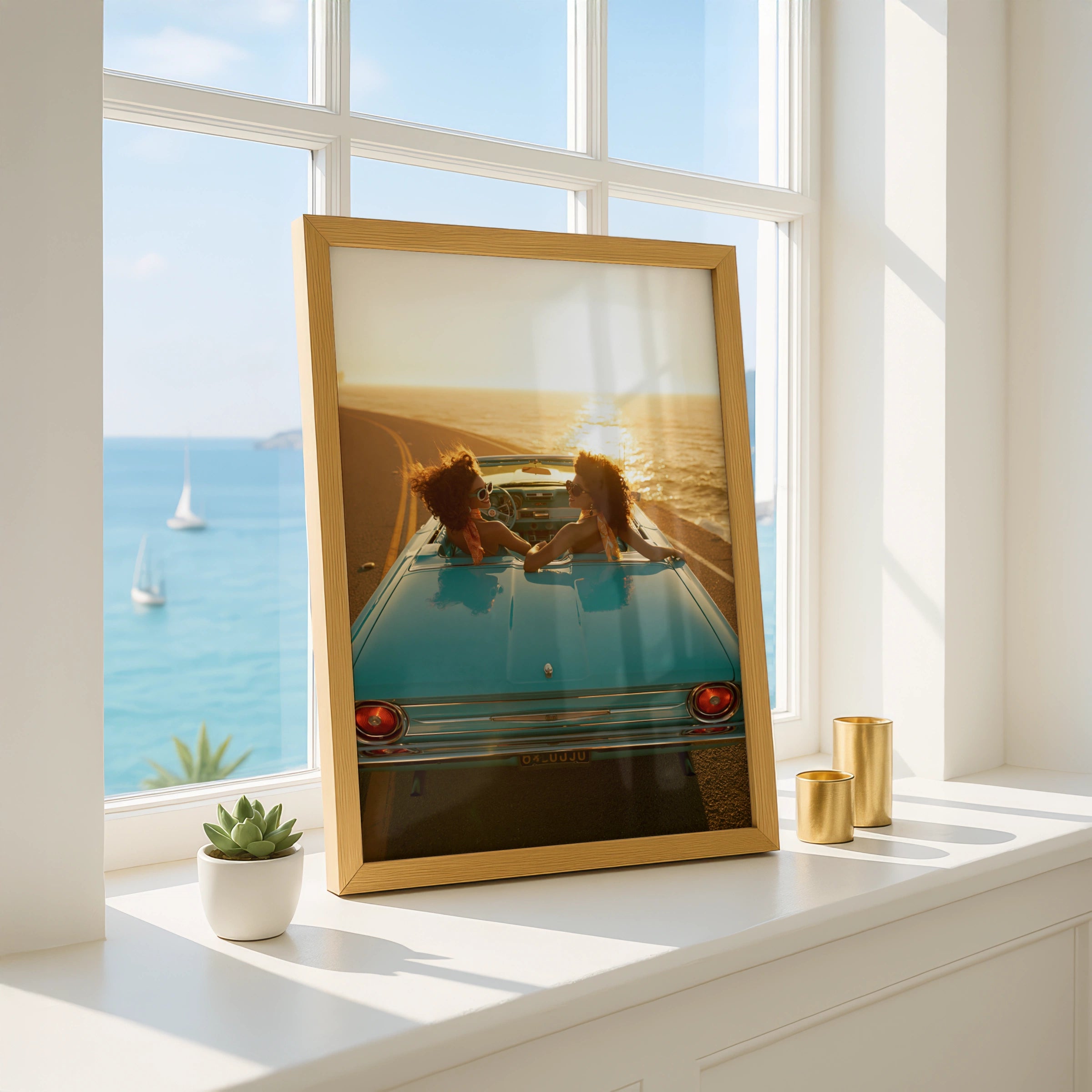 Women in Vintage Car Sunset Coastal Road Trip Poster, Retro Travel Print