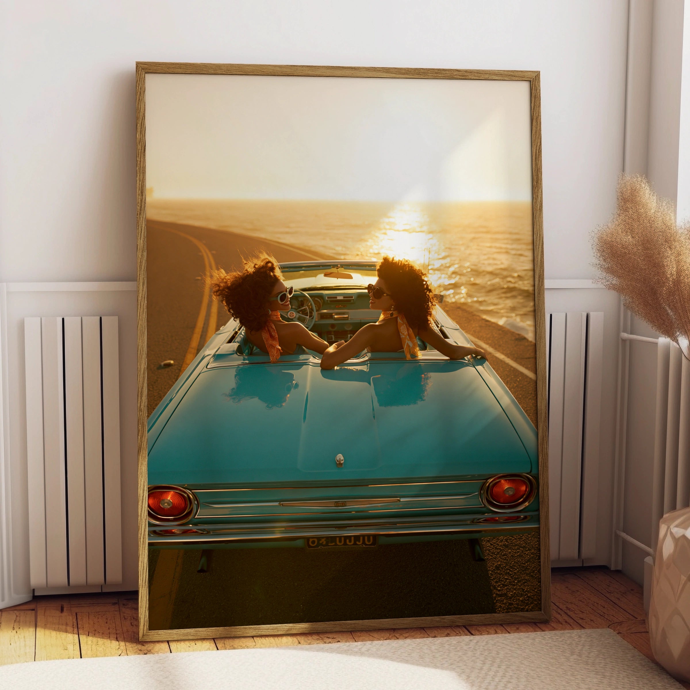 Women in Vintage Car Sunset Coastal Road Trip Poster, Retro Travel Print