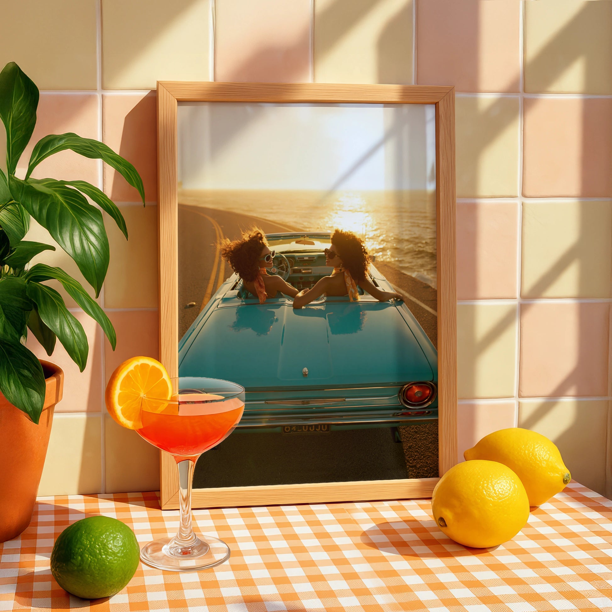 Women in Vintage Car Sunset Coastal Road Trip Poster, Retro Travel Print