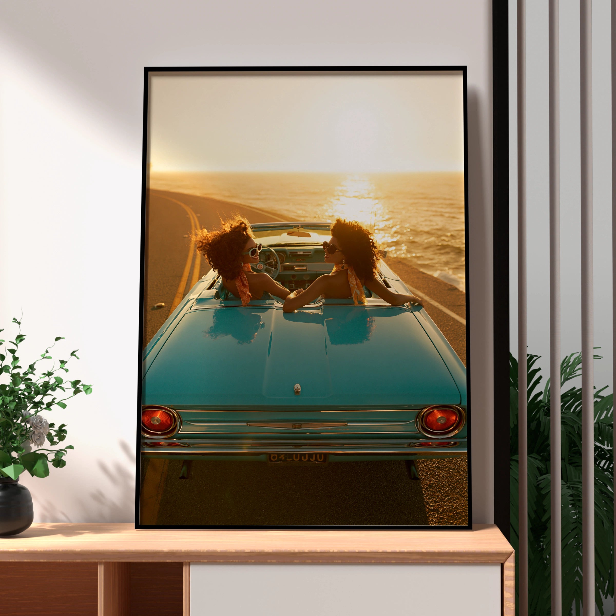 Women in Vintage Car Sunset Coastal Road Trip Poster, Retro Travel Print