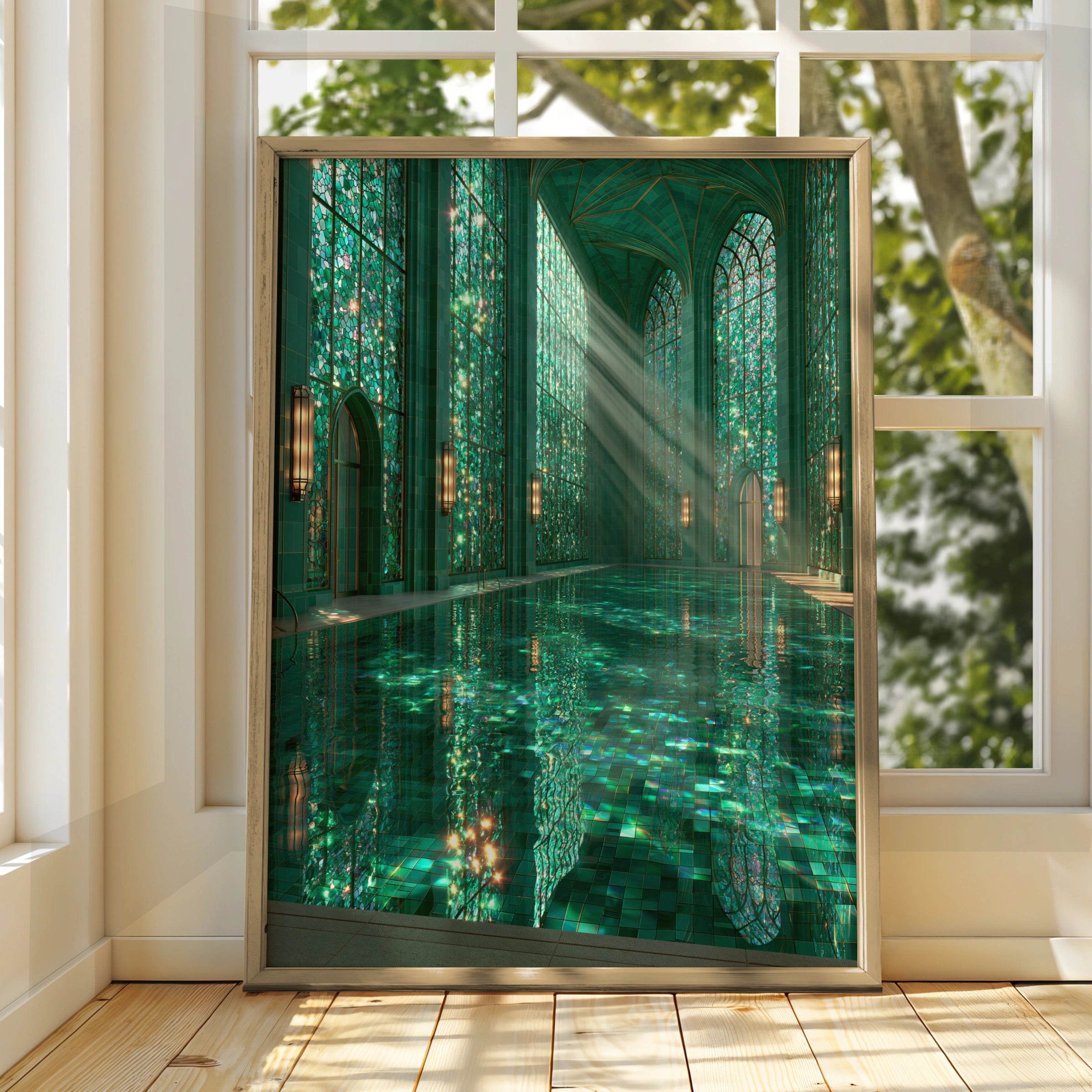 Emerald Bath Pool Poster, Gothic Stained Glass Interior, Teal Architecture Print