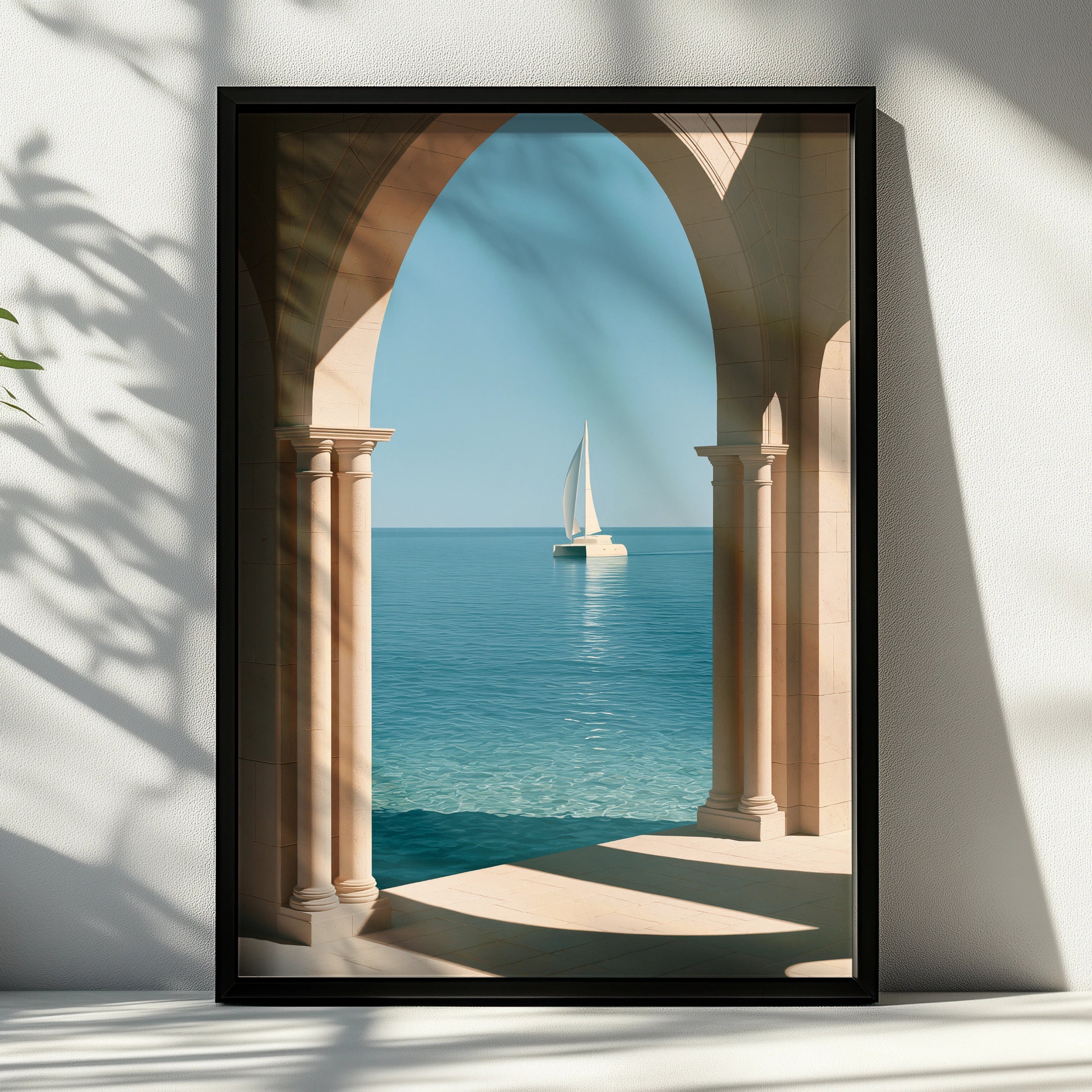 Sailboat Through Stone Arches Poster, Mediterranean Sea Wall Art, Minimalist Print
