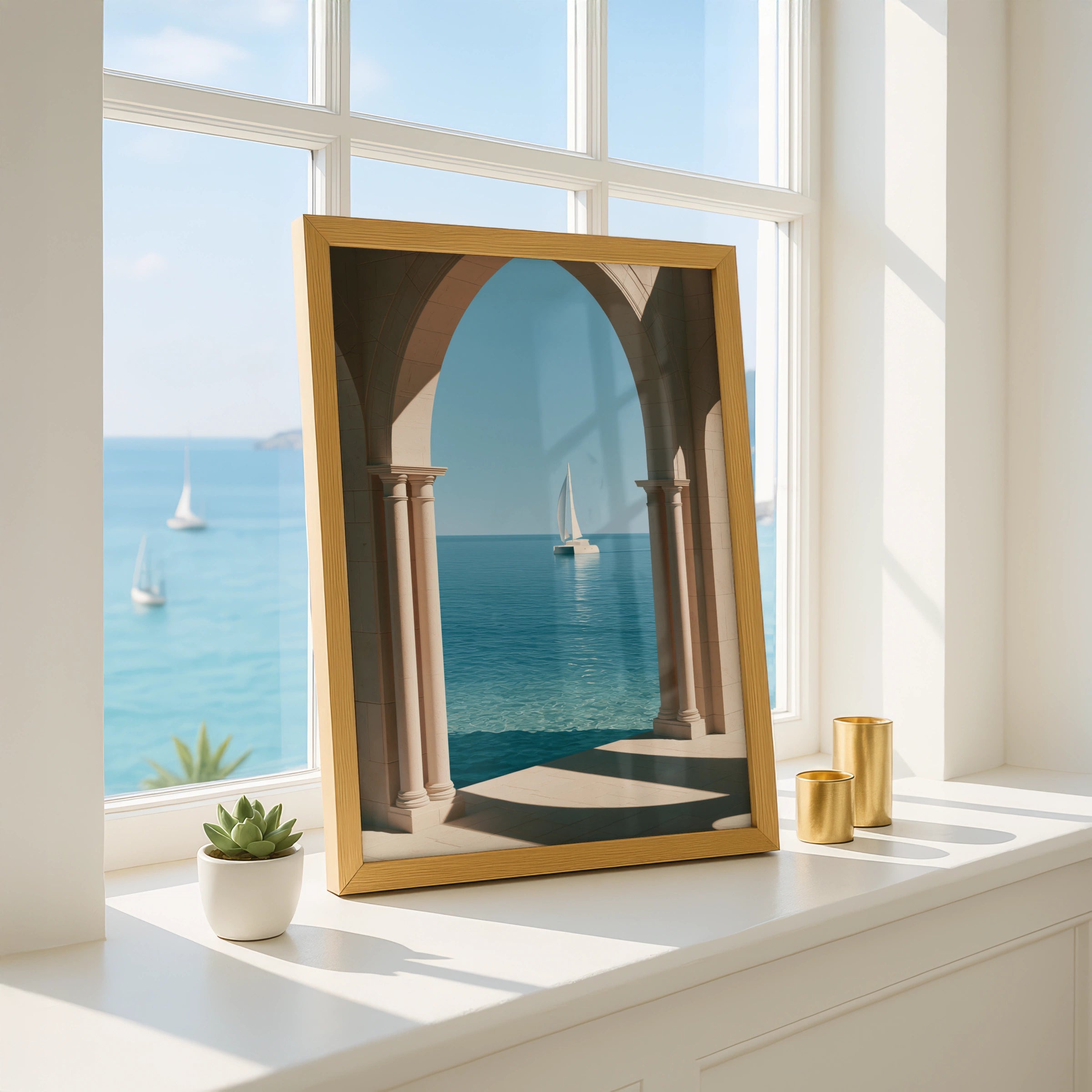 Sailboat Through Stone Arches Poster, Mediterranean Sea Wall Art, Minimalist Print