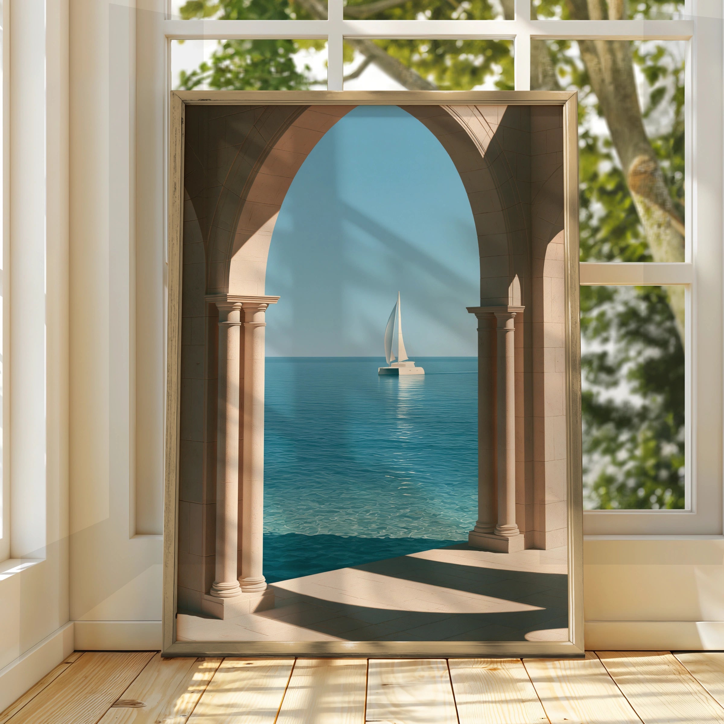 Sailboat Through Stone Arches Poster, Mediterranean Sea Wall Art, Minimalist Print