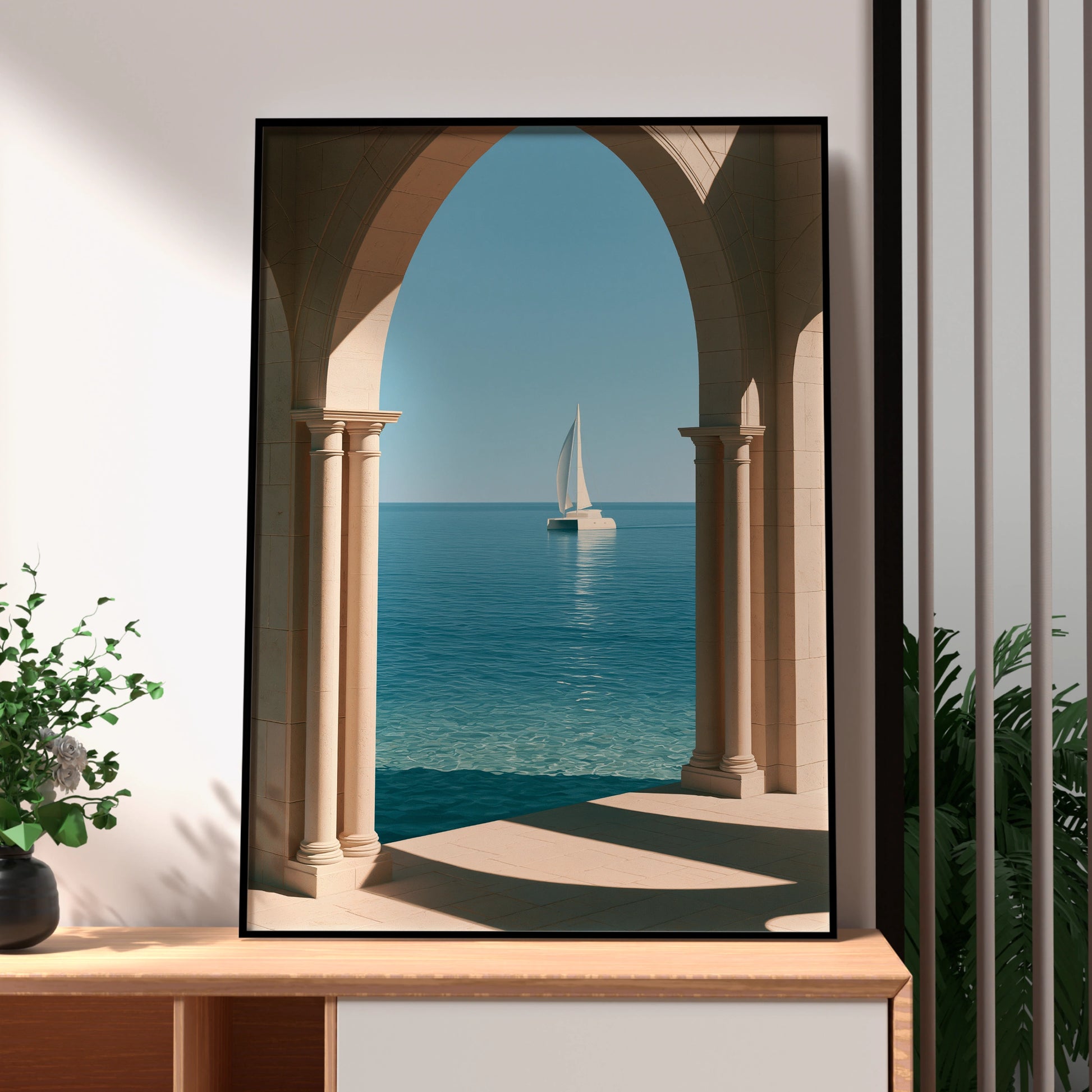 Sailboat Through Stone Arches Poster, Mediterranean Sea Wall Art, Minimalist Print