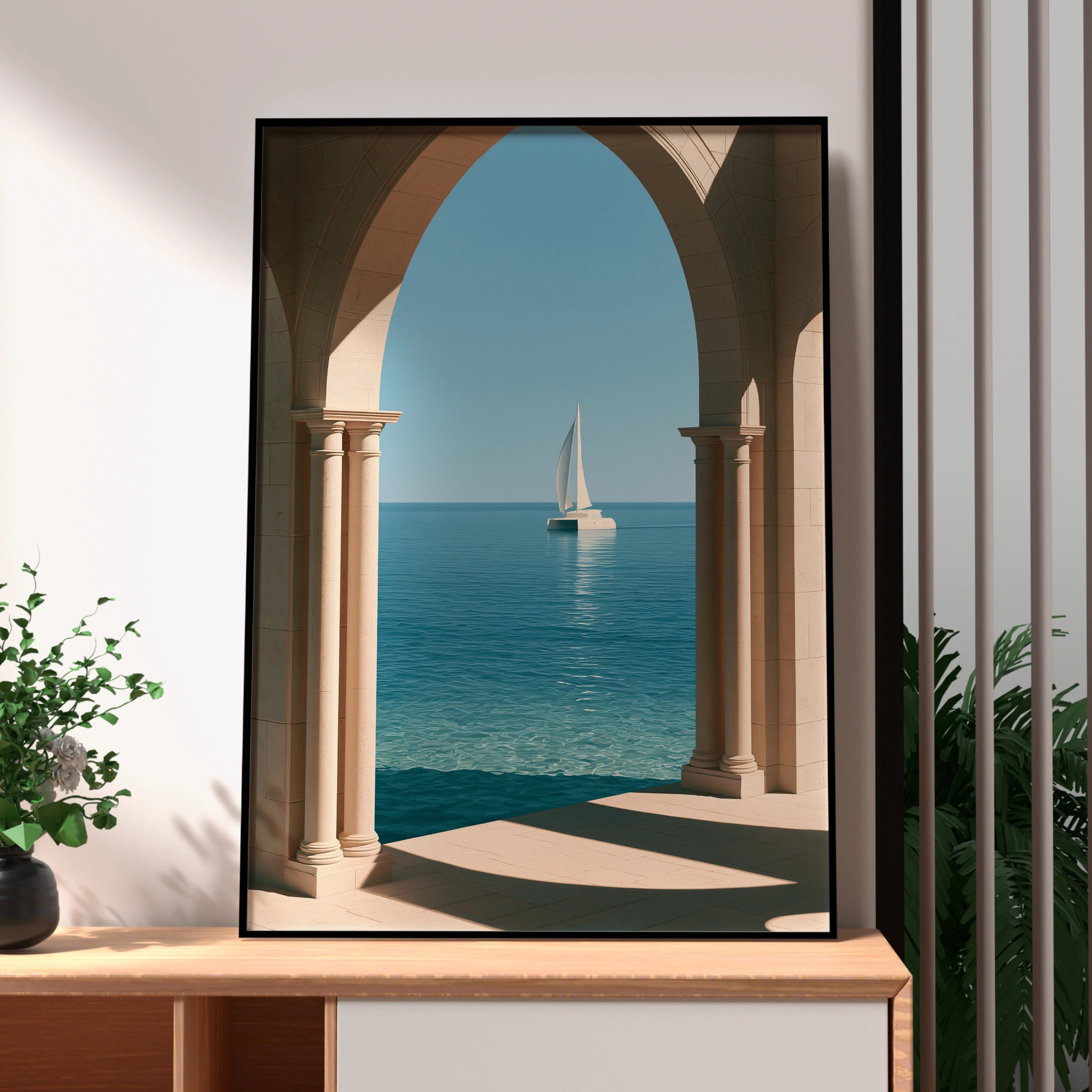 Sailboat Through Stone Arches Poster, Mediterranean Sea Wall Art, Minimalist Print