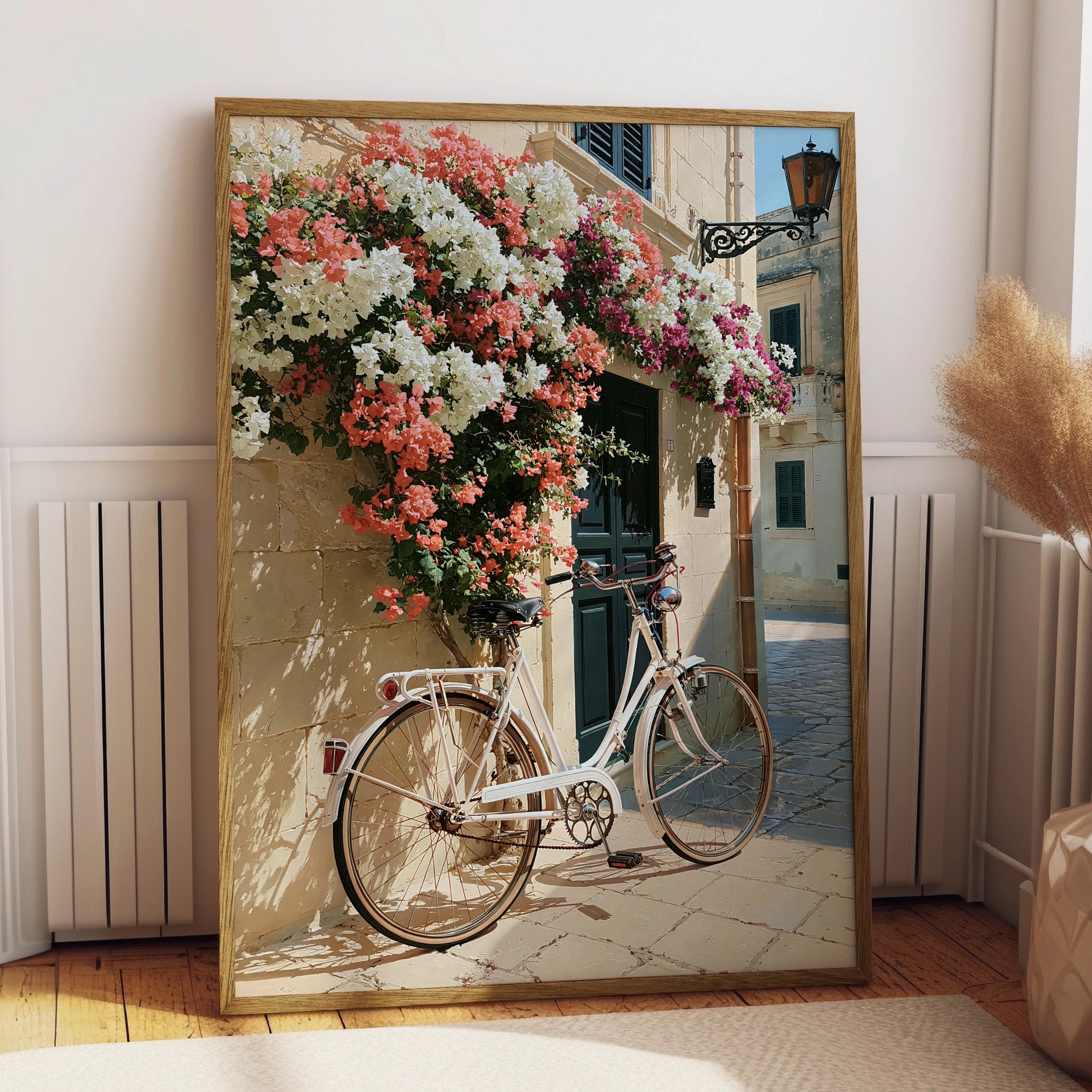 Bicycle Flowers Street Poster, Mediterranean Wall Art, Bougainvillea Print