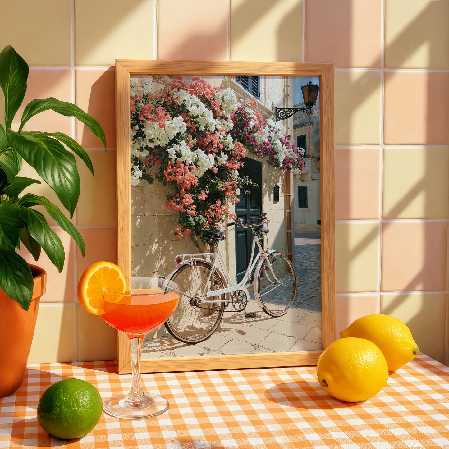 Bicycle Flowers Street Poster, Mediterranean Wall Art, Bougainvillea Print