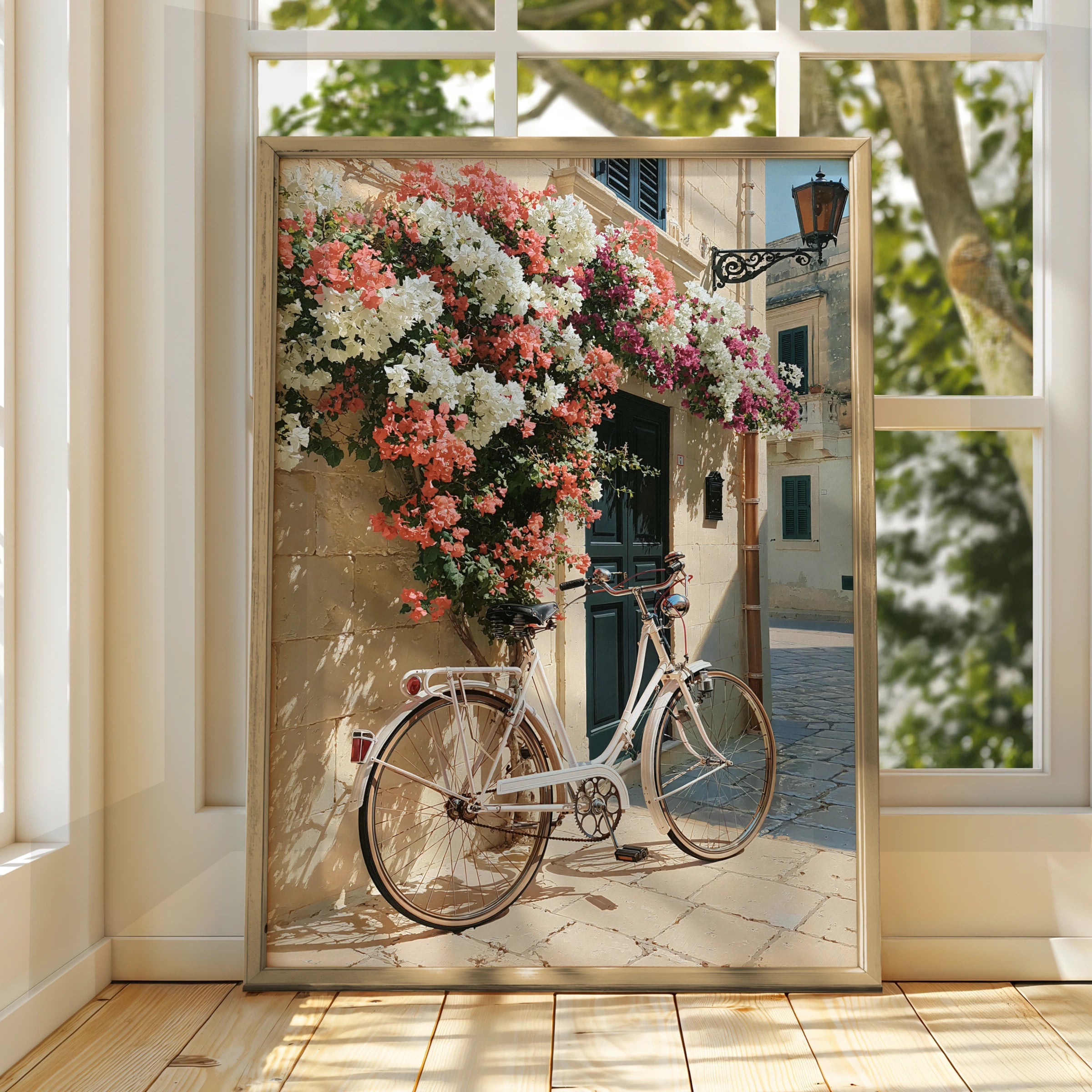 Bicycle Flowers Street Poster, Mediterranean Wall Art, Bougainvillea Print