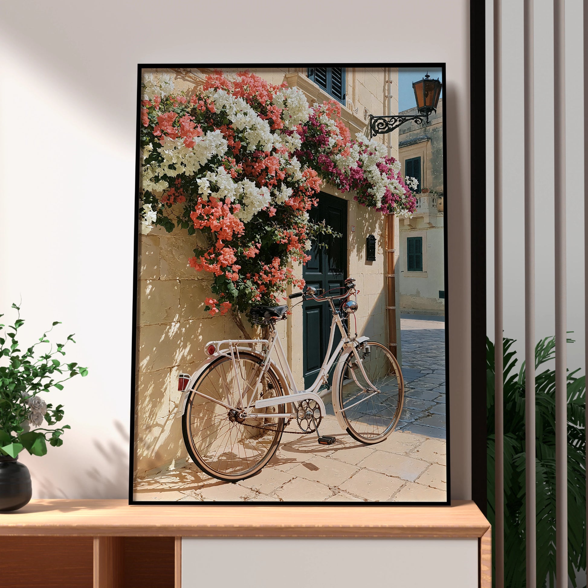 Bicycle Flowers Street Poster, Mediterranean Wall Art, Bougainvillea Print