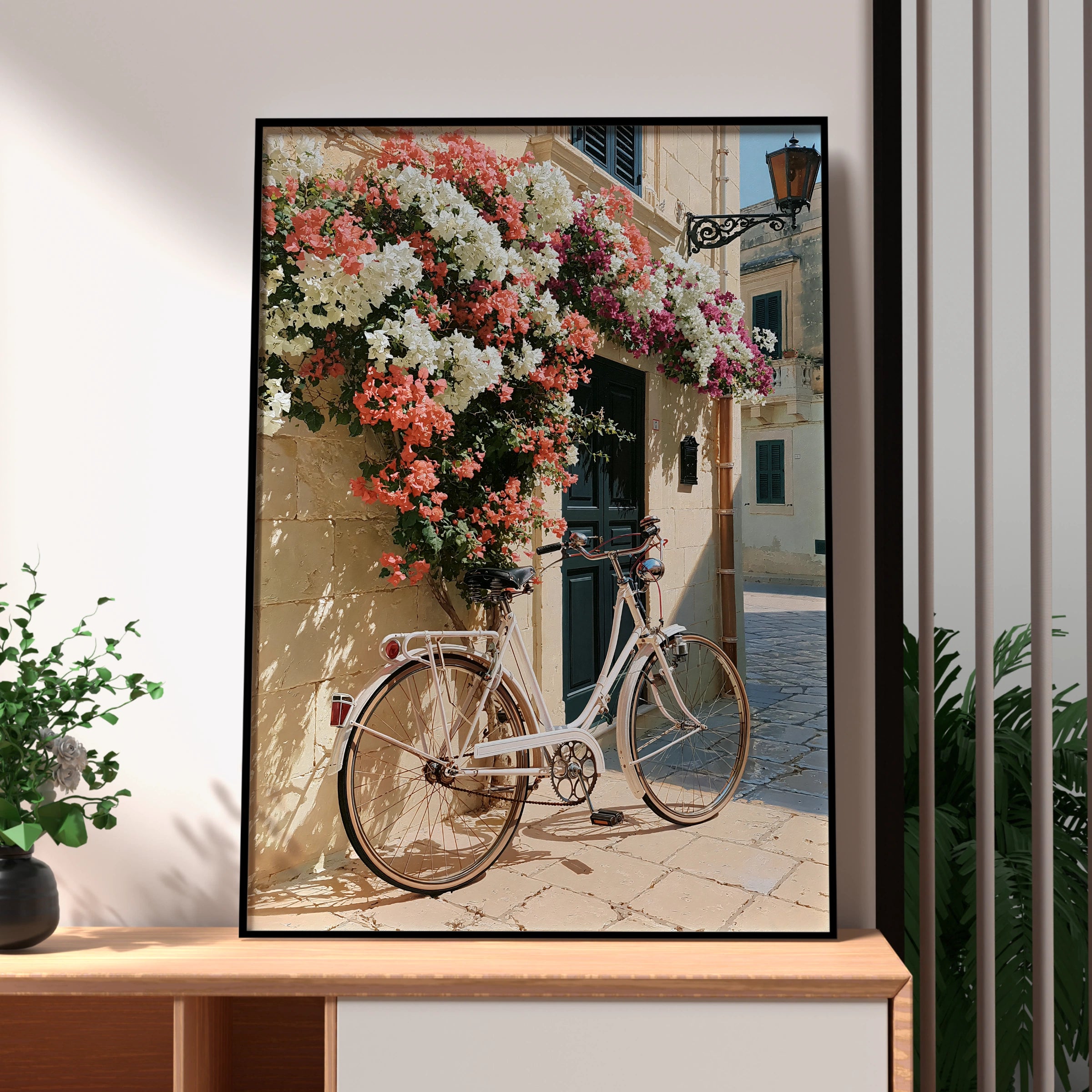 Bicycle Flowers Street Poster, Mediterranean Wall Art, Bougainvillea Print