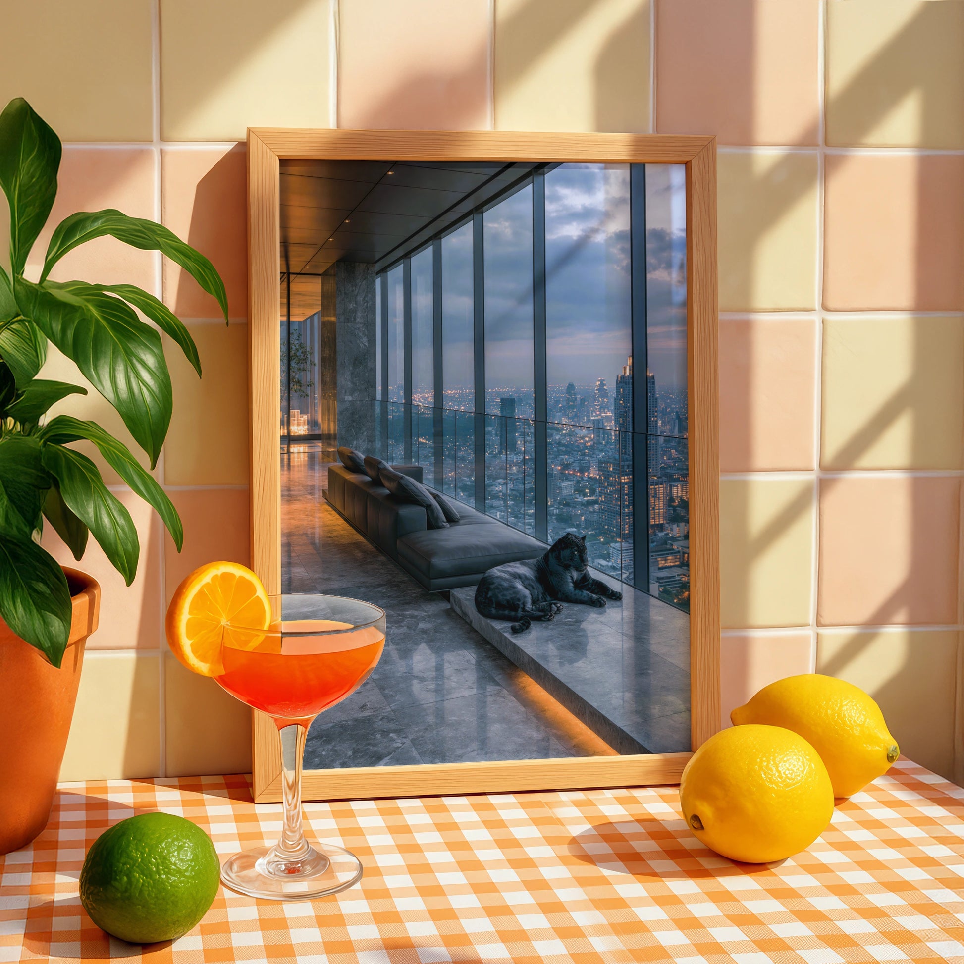 Black Panther Penthouse Skyline Poster, Luxury City Night Art Print