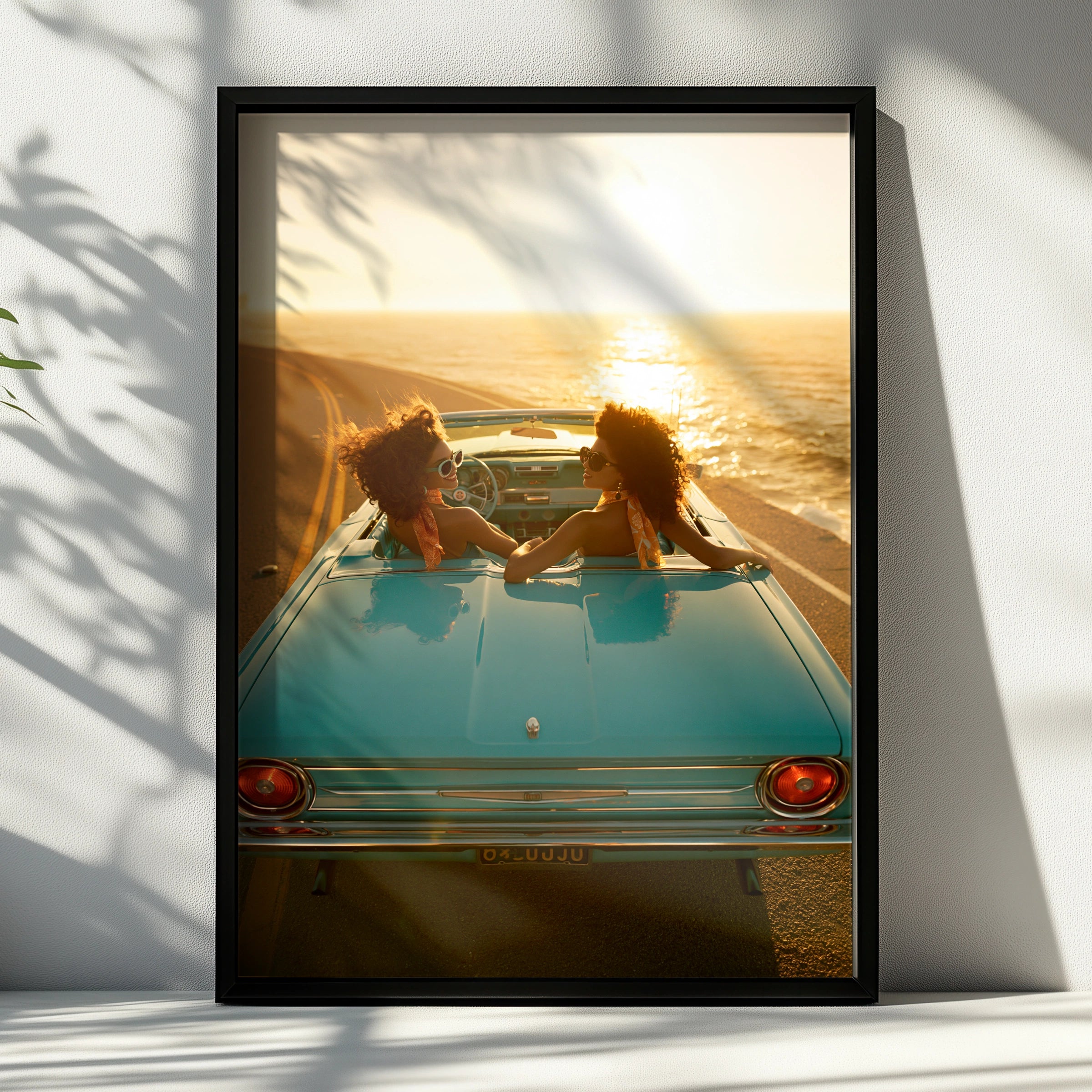 Women in Vintage Car Sunset Coastal Road Trip Poster, Retro Travel Print