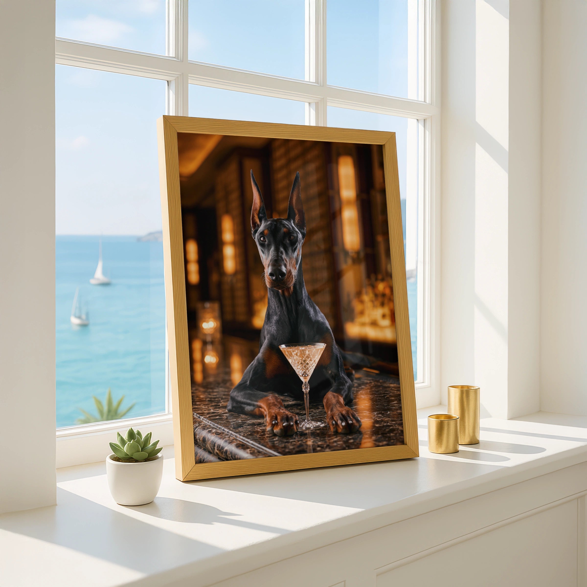 Dobermann at Bar Poster, Cocktail Dog Wall Art, Moody Luxury Print