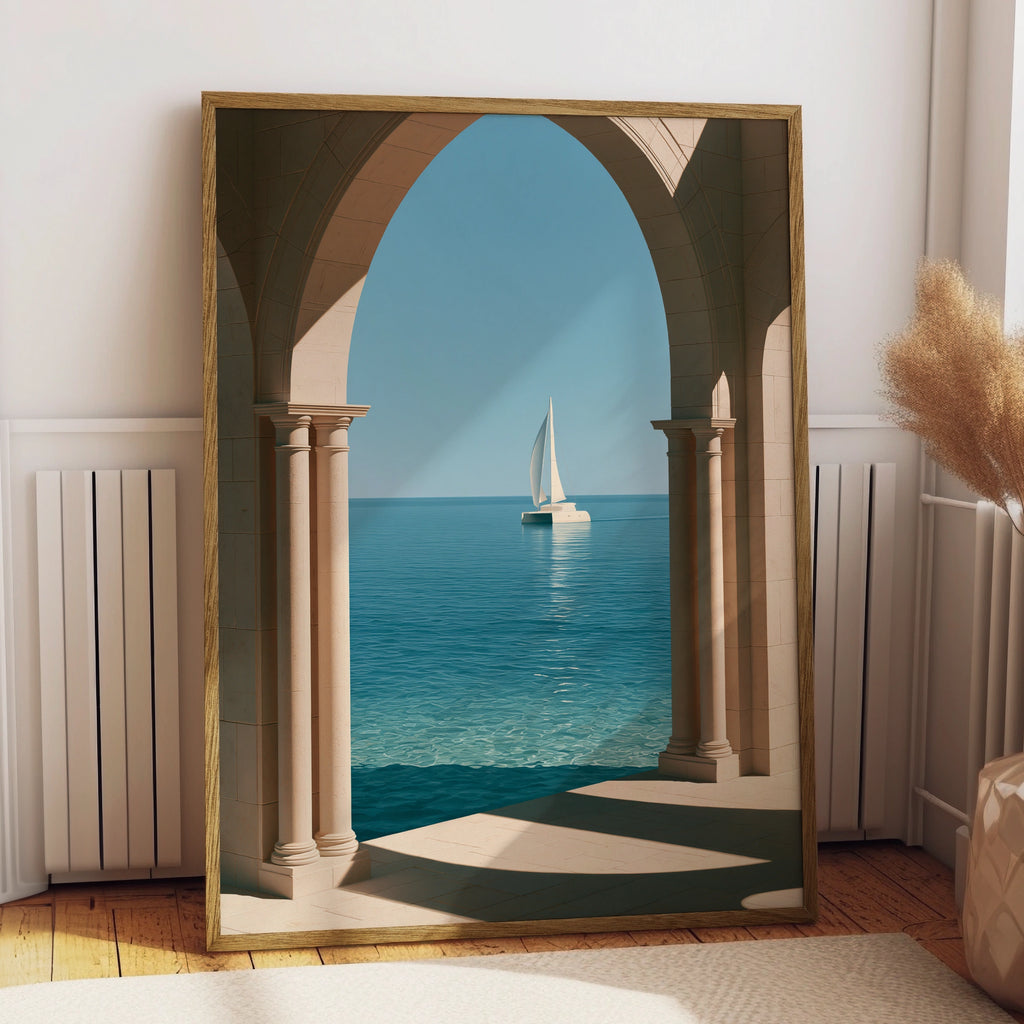 Sailboat Through Stone Arches Poster, Mediterranean Sea Wall Art, Minimalist Print