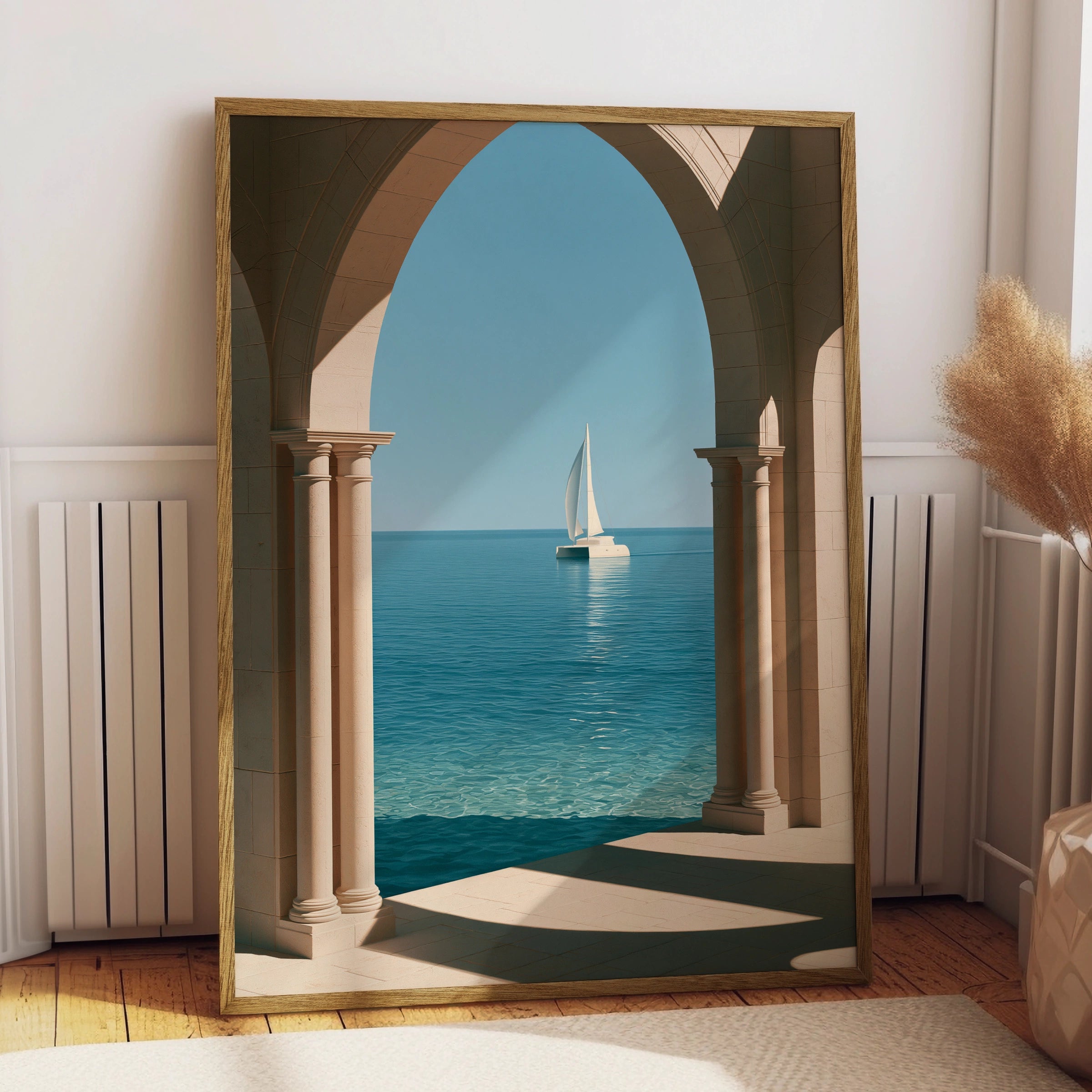 Sailboat Through Stone Arches Poster, Mediterranean Sea Wall Art, Minimalist Print