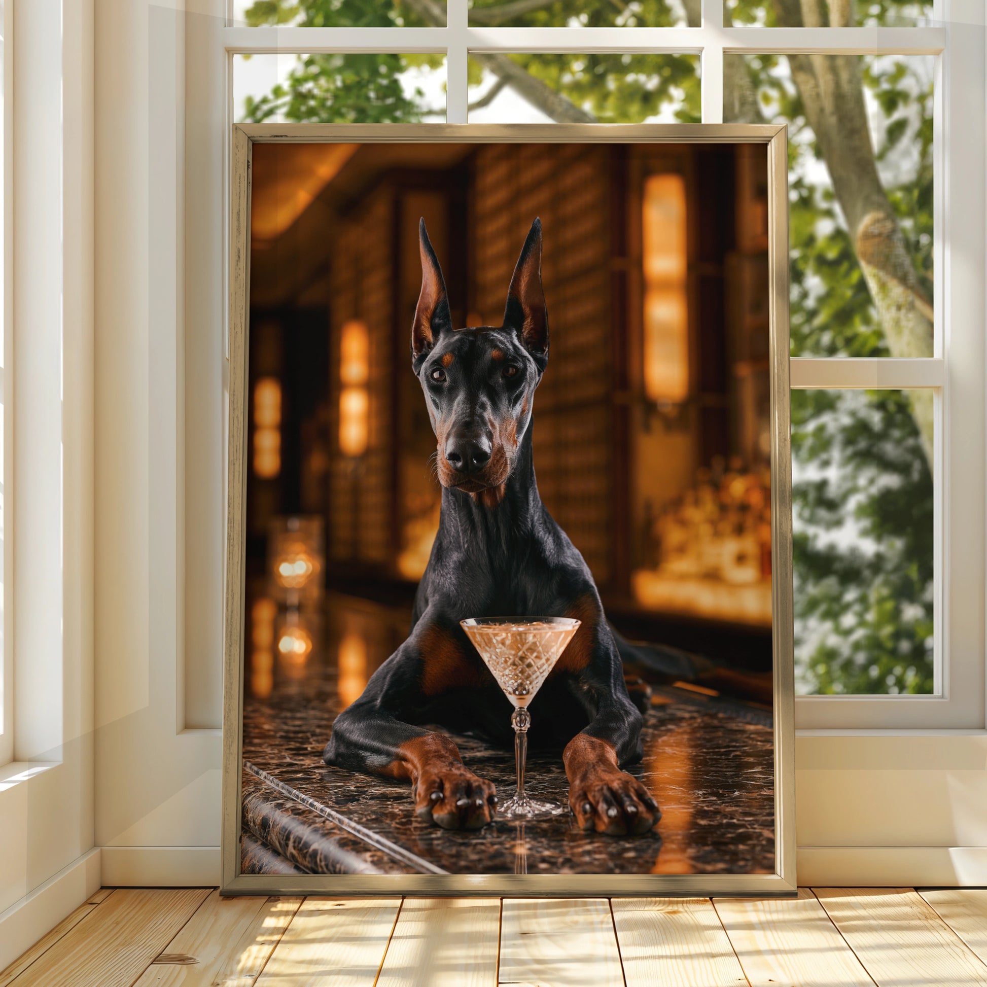Dobermann at Bar Poster, Cocktail Dog Wall Art, Moody Luxury Print