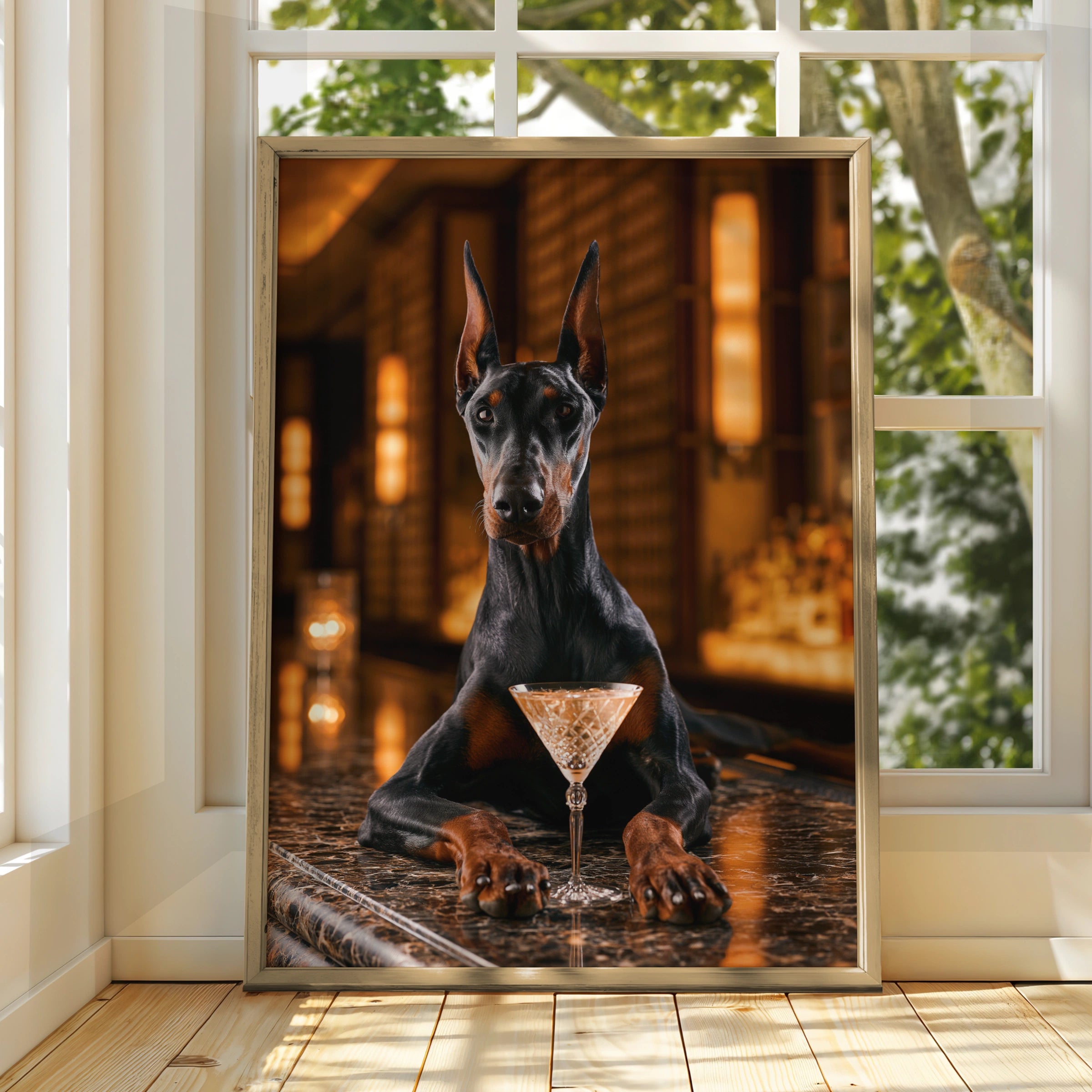 Dobermann at Bar Poster, Cocktail Dog Wall Art, Moody Luxury Print