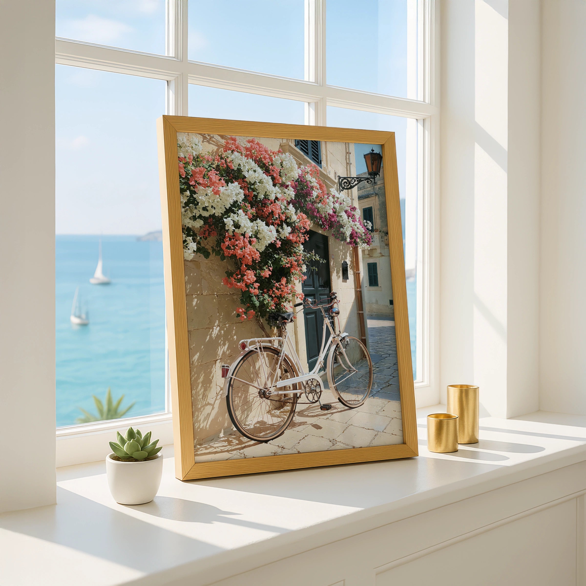 Bicycle Flowers Street Poster, Mediterranean Wall Art, Bougainvillea Print